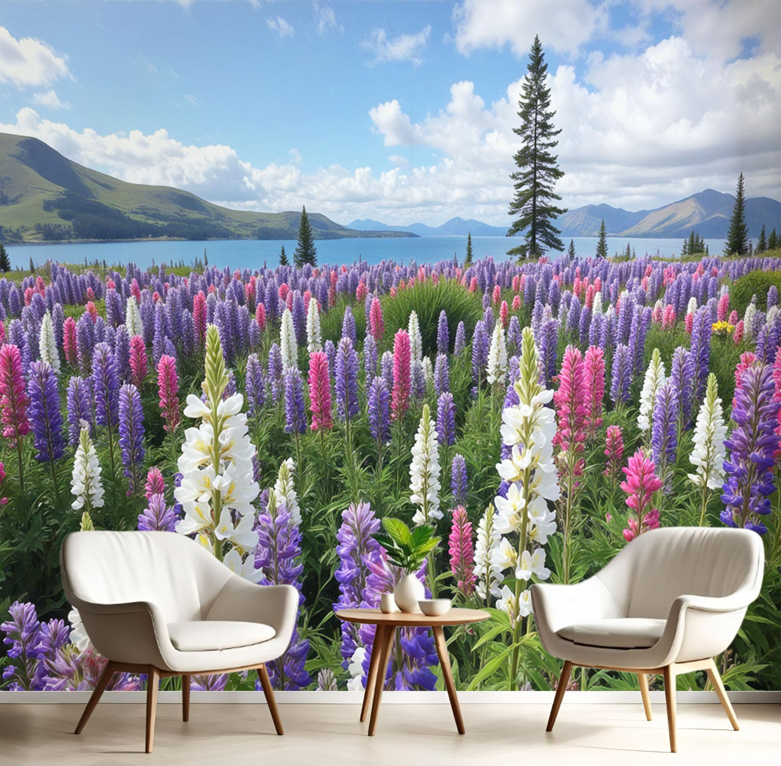 Papier peint fleurs de lupin et tapisserie panoramique montagne bleu 150x105 cm