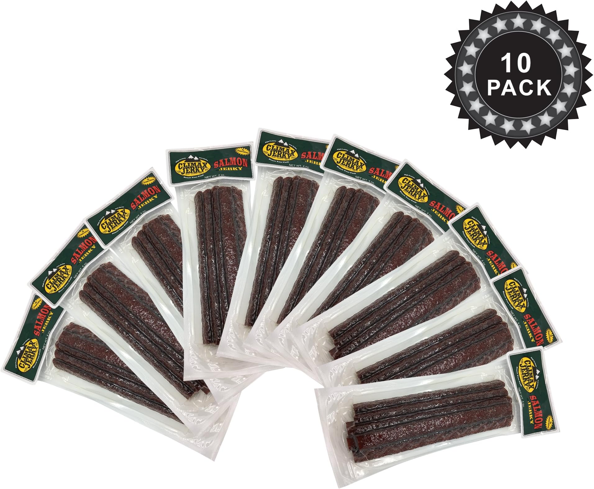 BEST Premium Wild Caught Pacific Salmon 4 OZ. Jerky - No Preservatives - Very Mild High Protein Low Carbs - Hickory Smoked by Climax Jerky in Colorado - Buy Multiple Packs and Save! (Salmon 10 Pack)