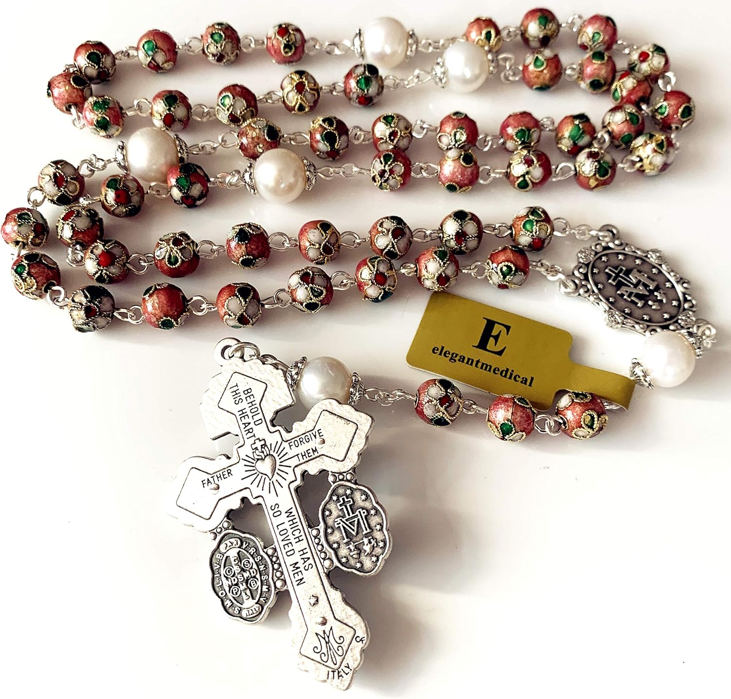 elegantmedical Handmade NICE PINK CLOISONNE & 10mm Pearl BEADS ROSARY NECKLACE Italy Parden Cross Crucifix Catholic gift