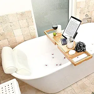 Bathtub Tray and Bath Pillows for Tub: Transform Your Tub into a Home Spa with Our Luxurious Bubble Bath Tub Pillow and Bath Caddy Tray for Tub Duo. Ideal Self-Care Gifts for Women and Gifts for Mom.