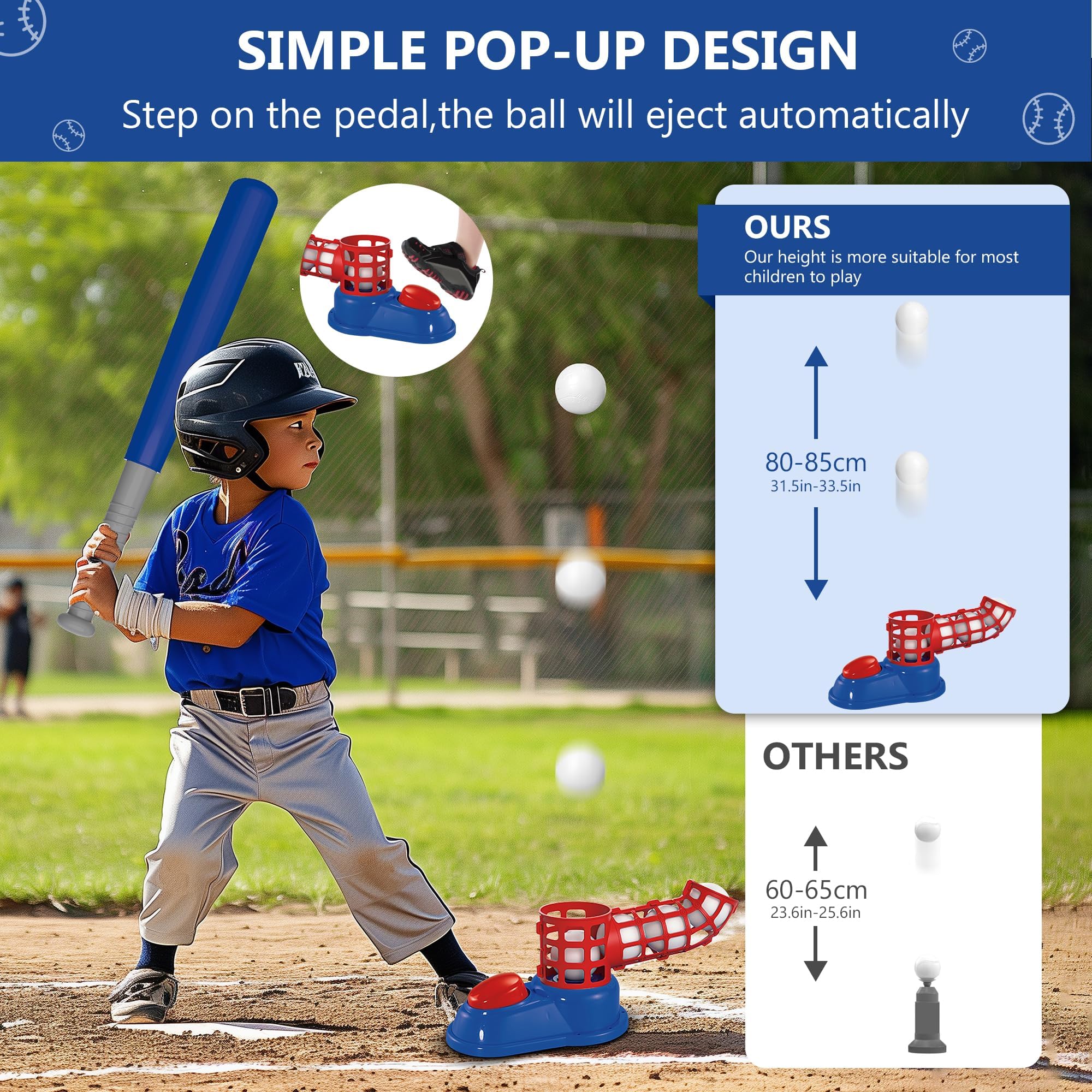 SKERITO Kit Baseball 4 En 1 – Tee, Lanceur Pédale, Golf, Sac Rangement, Pour Enfants 3-8 Ans, Bleu
