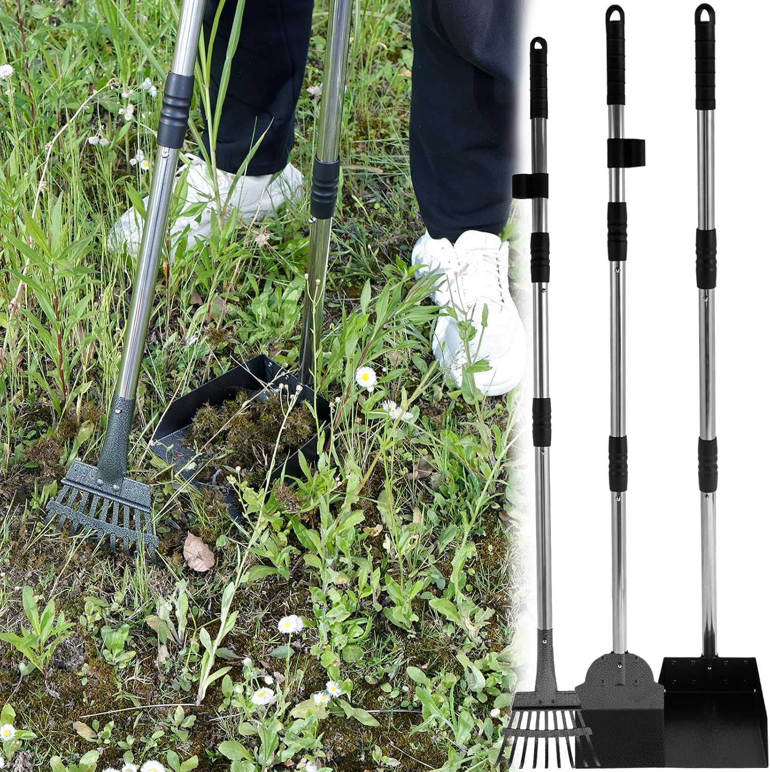 US 3 Pcs Pooper Scooper Metal Tray Rake and Spade Set with Long Handle Sturdy Dog Pooper Scooper Multifunctional Poop Scoop for Pet Waste Removal on Grass Dirt and Gravel