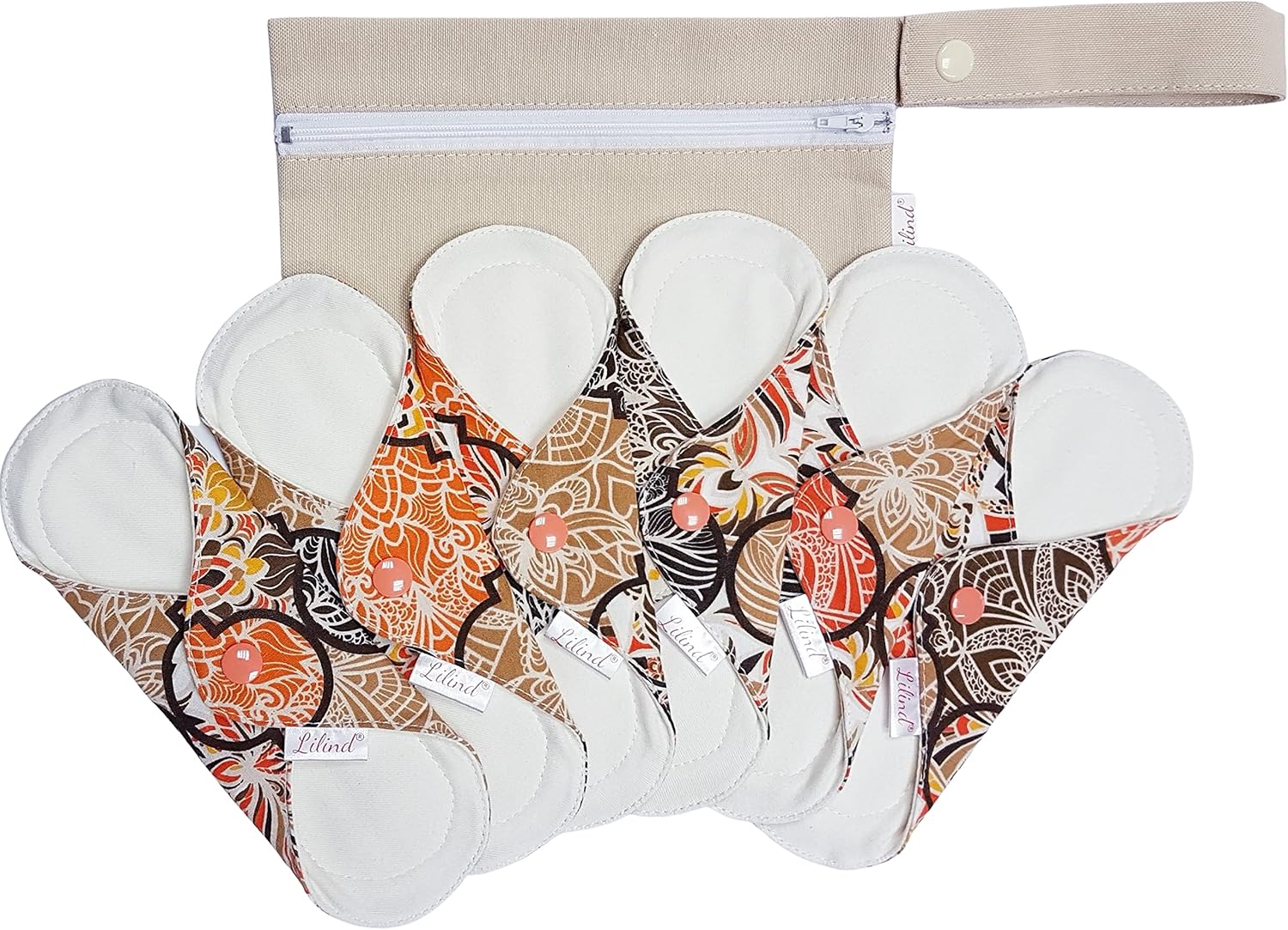 Lilind® 6 Pack Organic Cloth 24cm Regular Reusable Menstrual Pads Complete Set Zero Waste 100% Cotton Coral Orient
