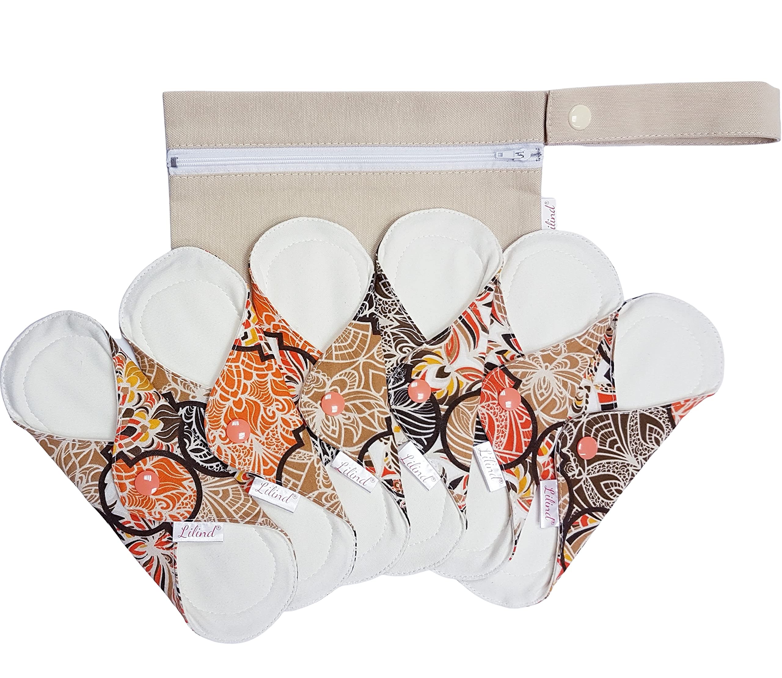 Lilind® Paquete de 6 almohadillas menstruales reutilizables de 9 pulgadas de tamaño regular juego completo cero residuos 100% algodón coral Orient