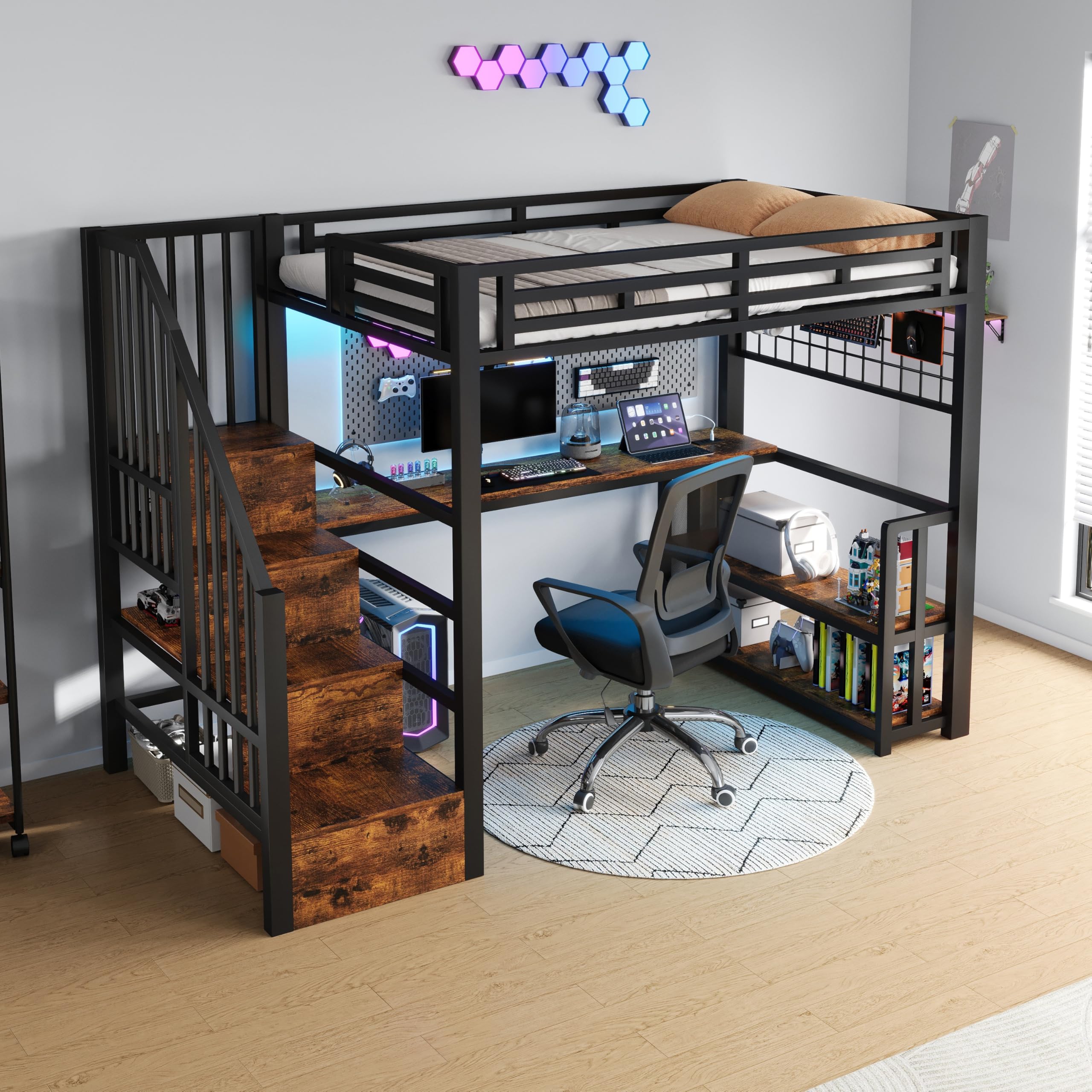 Lubvtti Letto a soppalco con luce LED e porta USB 90x200 cm,Letto singolo con struttura in ferro con scrivania e Griglia sospesa,Con scale portaoggetti e ripiani portaoggetti,Nero(Senza materasso)