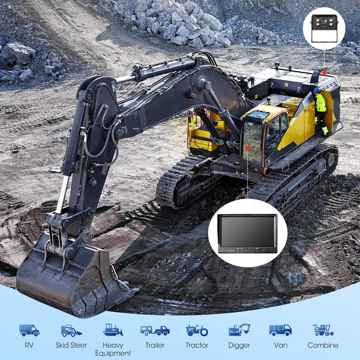 A hand holding the remote control for the backup camera system, with the monitor visible in the background showing a clear road view.