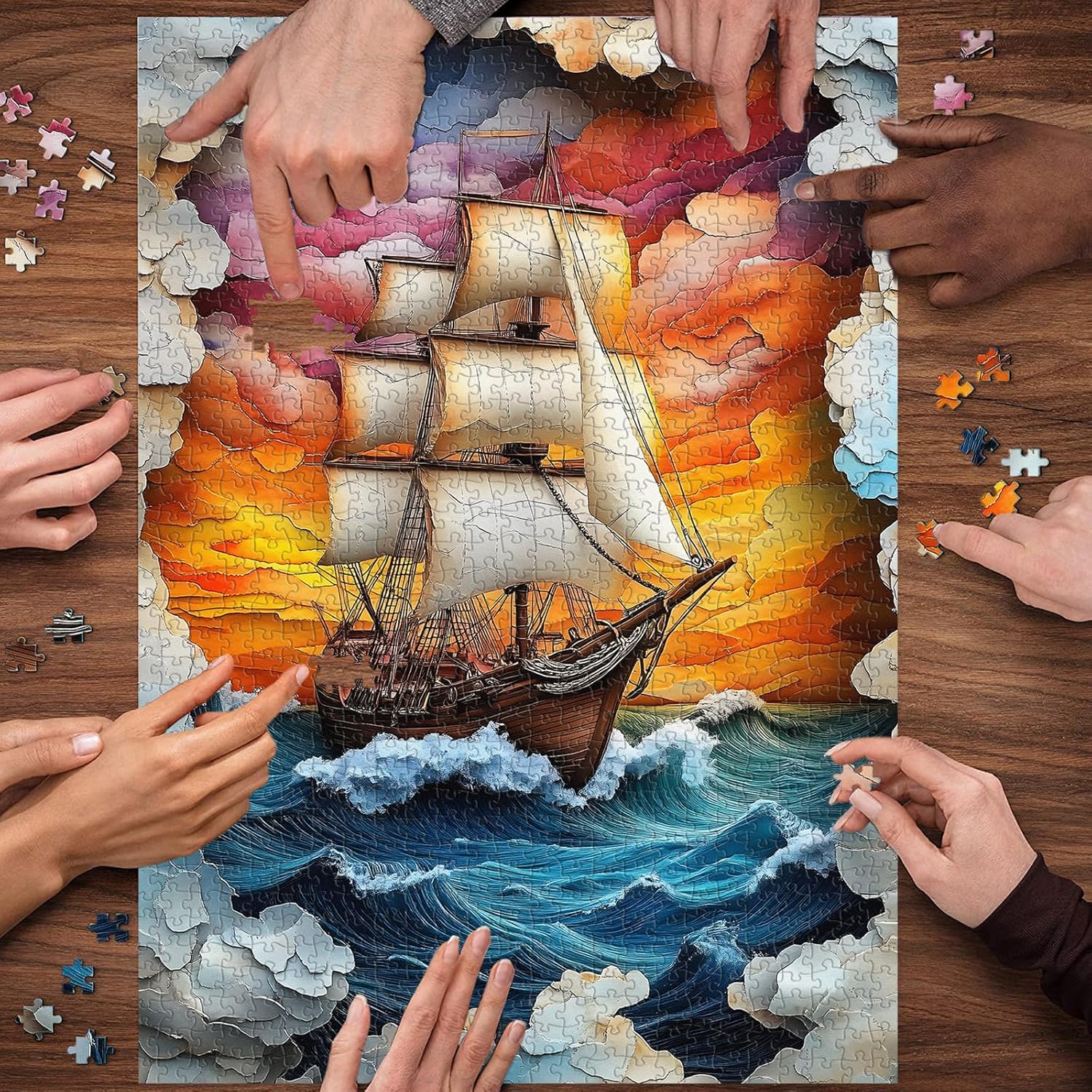PICKFORU Sailboat 1000 Piece Puzzle for Adults, Colorful Sunset Sea Jigsaw Puzzles Boat, Gradient Ocean Stone Carving Theme Puzzle