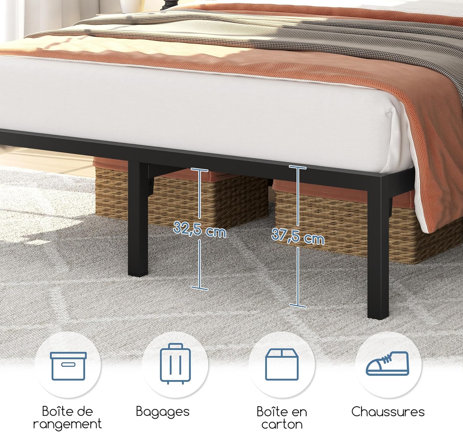 Image showing items like storage boxes, luggage, and shoes stored neatly under the bed frame, with height measurements of 32.5 cm and 37.5 cm.