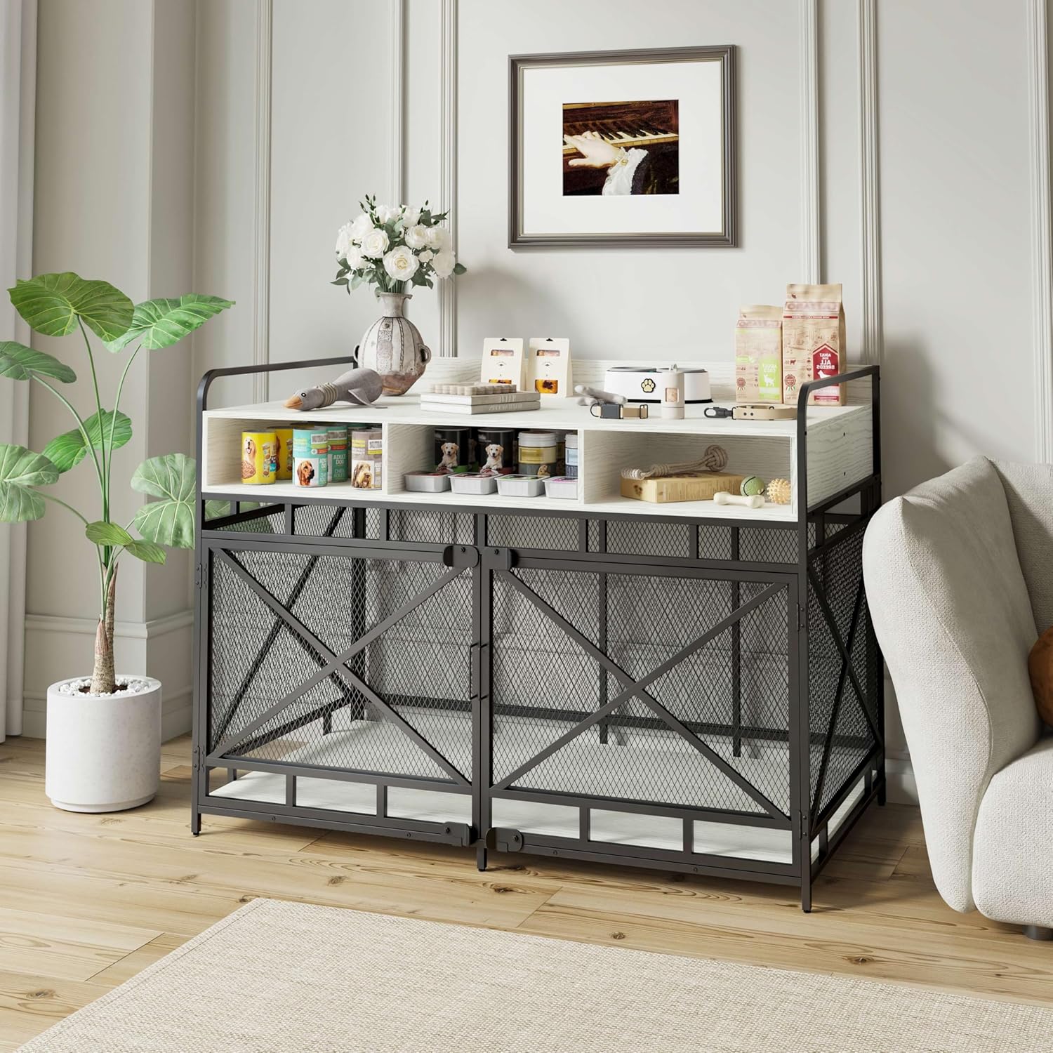 Fulhope Dog Crate Furniture, 48" Heavy Duty Wooden Dog Crate End Table, XL Dog Kennel Furniture Large Breed, Decorative Dog Kennel Indoor with 3 Drawers & Steel Tubes 48" L x28 W x36 H (White)