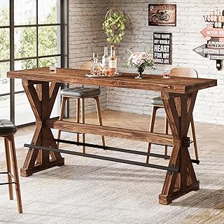 Solid Wood Bar Table, 63-Inch Farmhouse Counter Height Pub Table with Sturdy X-Base, Rectangular High Top Dining Tables for Home Bar, Kitchen
