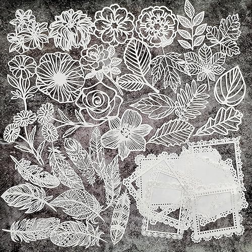 40 piezas de suministros de encaje para álbumes de recortes, papel de recortes, hojas de flores, marco de plumas, suministros de diario vintage