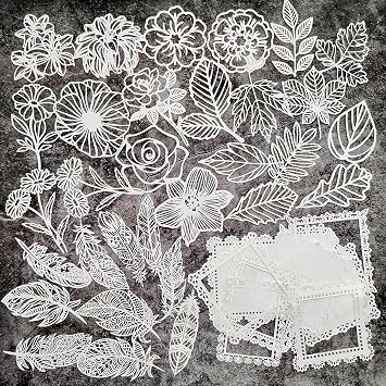 40pcs Lace Scrapbooking Supplies Cutout Scrapbook Paper Flower Leaves Feather Frame White Vintage Journaling Supplies Decorative Paper for Junk Jounal Planner Handmade Card Gift Wraps Craft