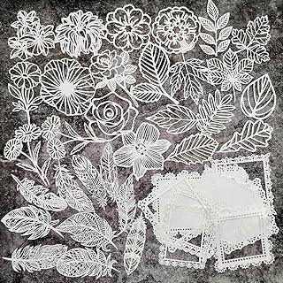 40pcs Lace Scrapbooking Supplies Cutout Scrapbook Paper Flower Leaves Feather Frame White Vintage Journaling Supplies Decorative Paper for Junk Jounal Planner Handmade Card Gift Wraps Craft