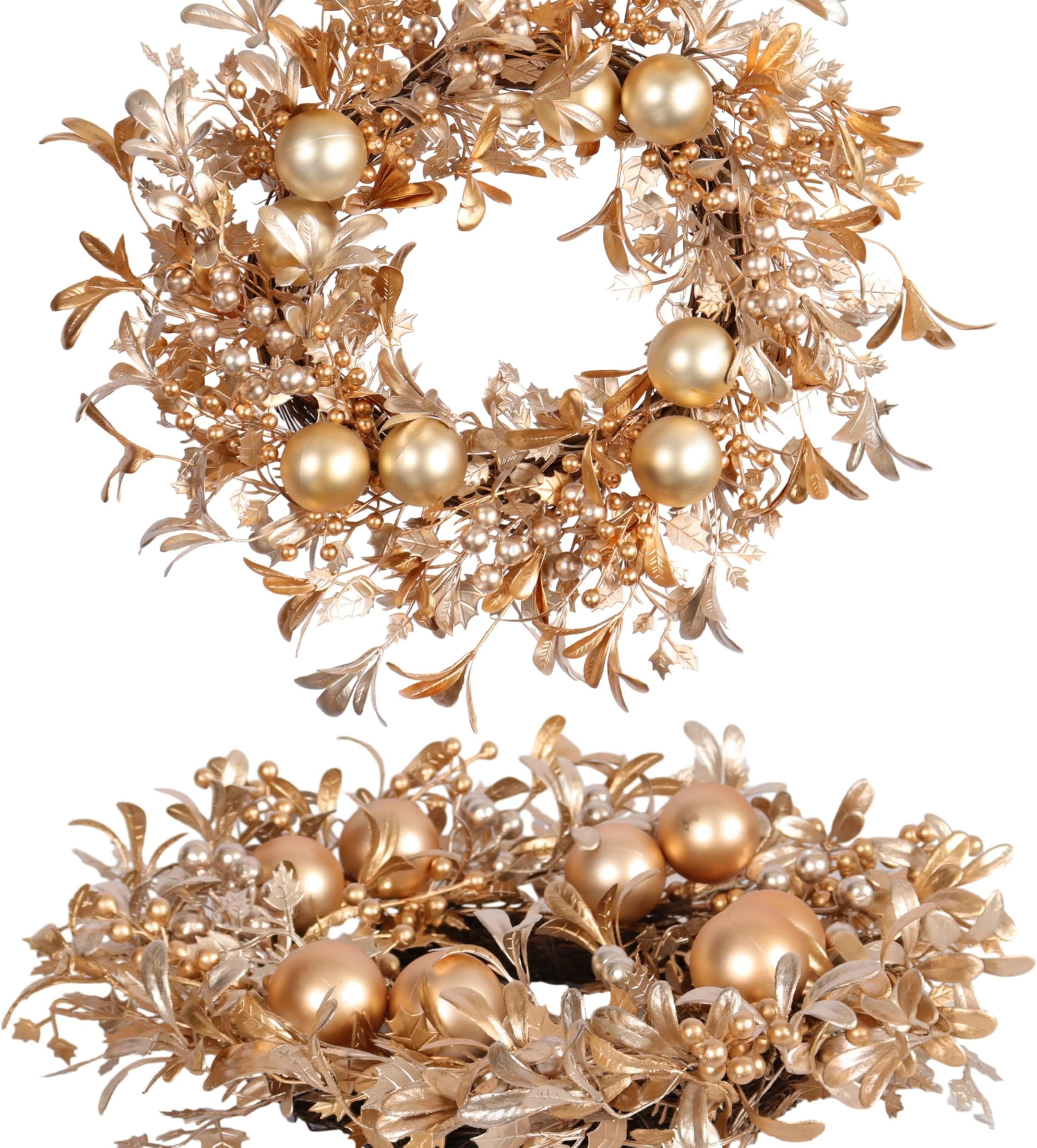 Champagne Gold Christmas Wreath 22-Inch Artificial Holiday Wreath with Holly, Eucalyptus, Berries for Front Door & Home Decor - Luxury Indoor/Outdoor Winter Decoration