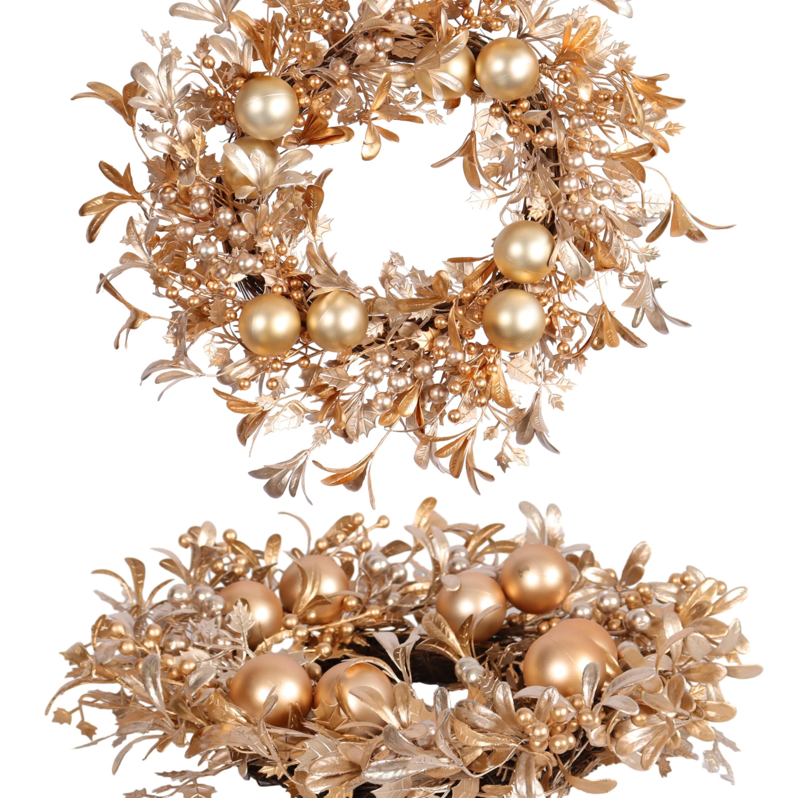 Champagne Gold Christmas Wreath 22-Inch Artificial Holiday Wreath with Holly, Eucalyptus, Berries for Front Door & Home Decor - Luxury Indoor/Outdoor Winter Decoration