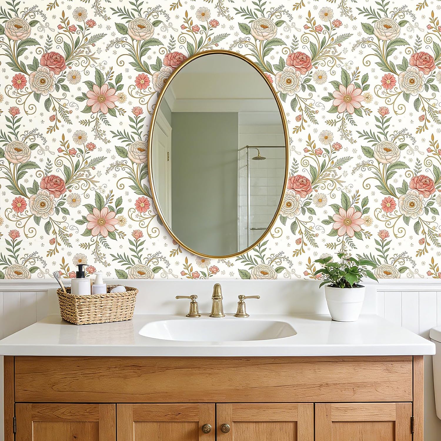 Decotalk White and Pink Floral Wallpaper Peel and Stick 17.5x120 Inch Vintage Floral Wallpaper for Bathroom Bedroom Wall Paper Self Adhesive Pink and White Wildflowers Contact Paper for Cabinets