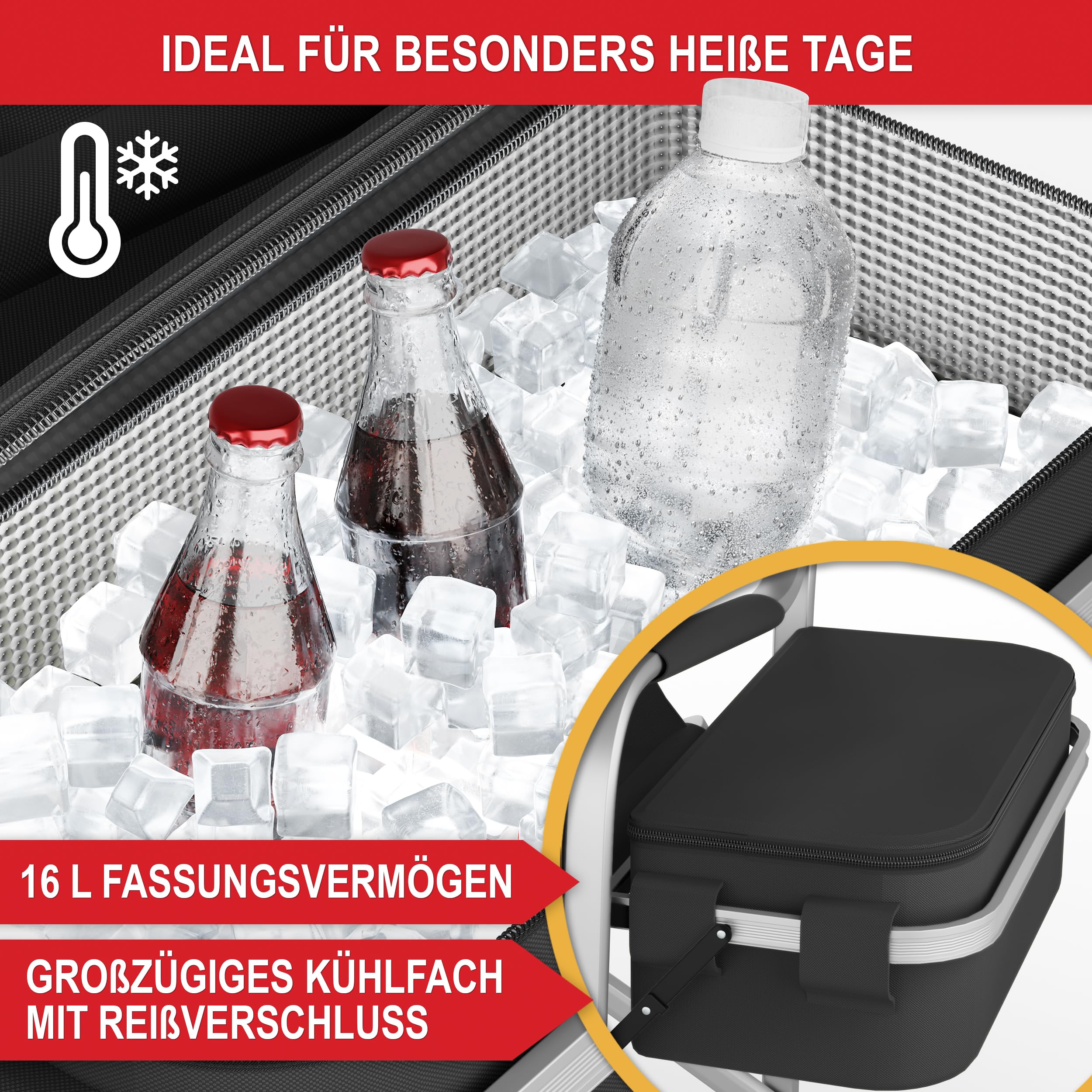Onbest Campingstuhl faltbar – mit Kühlfach & Klapptisch, Schwarz | Bequem gepolsterter Klappstuhl bis 150 kg mit Getränkehalter & Tasche – kompakter Faltstuhl für Camping, Outdoor und Garten