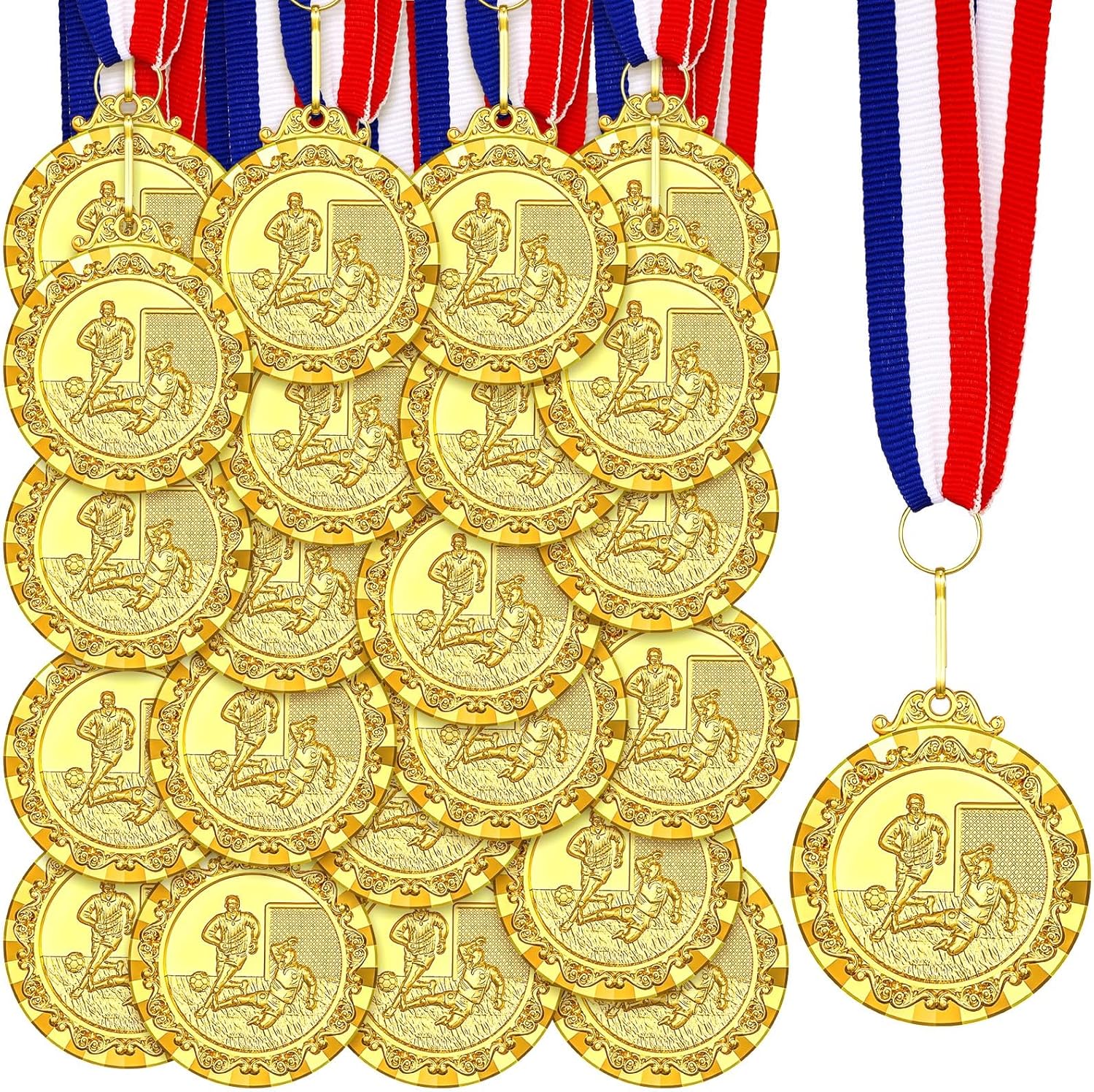 Misdary 36 Pcs Soccer Award Medals for Kids 2'' Gold Soccer Awards Medals Trophy with Red White Blue Stripes Ribbon Team Participation Trophies for Kids Sports Competitions Celebration Party Favors