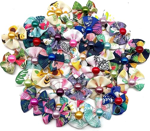 Snadulor - 30 lazos para el pelo de mascotas, lazo para perro, productos de aseo para mascotas, cabeza de flor de perla para mascotas, gato, perro,