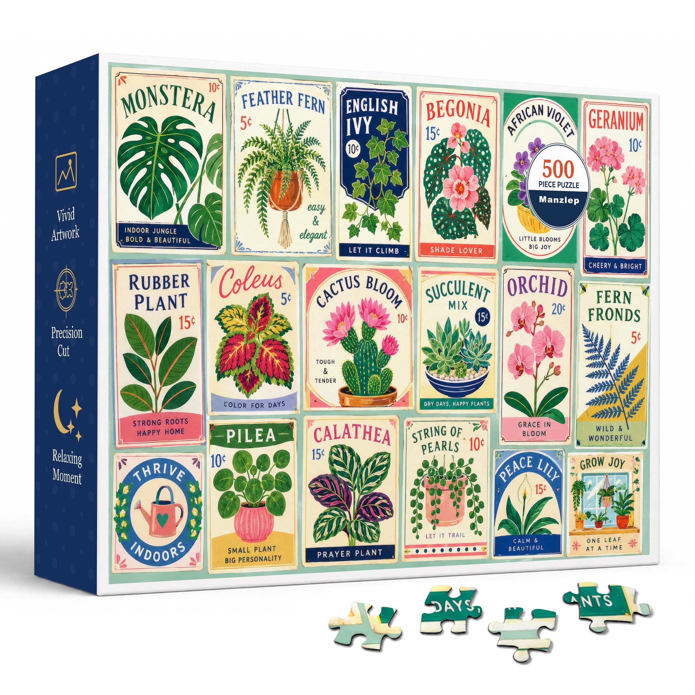Vintage Plant Posters 500 Piece Jigsaw Puzzle for Adults, Houseplant Seed Packet Collage Artwork