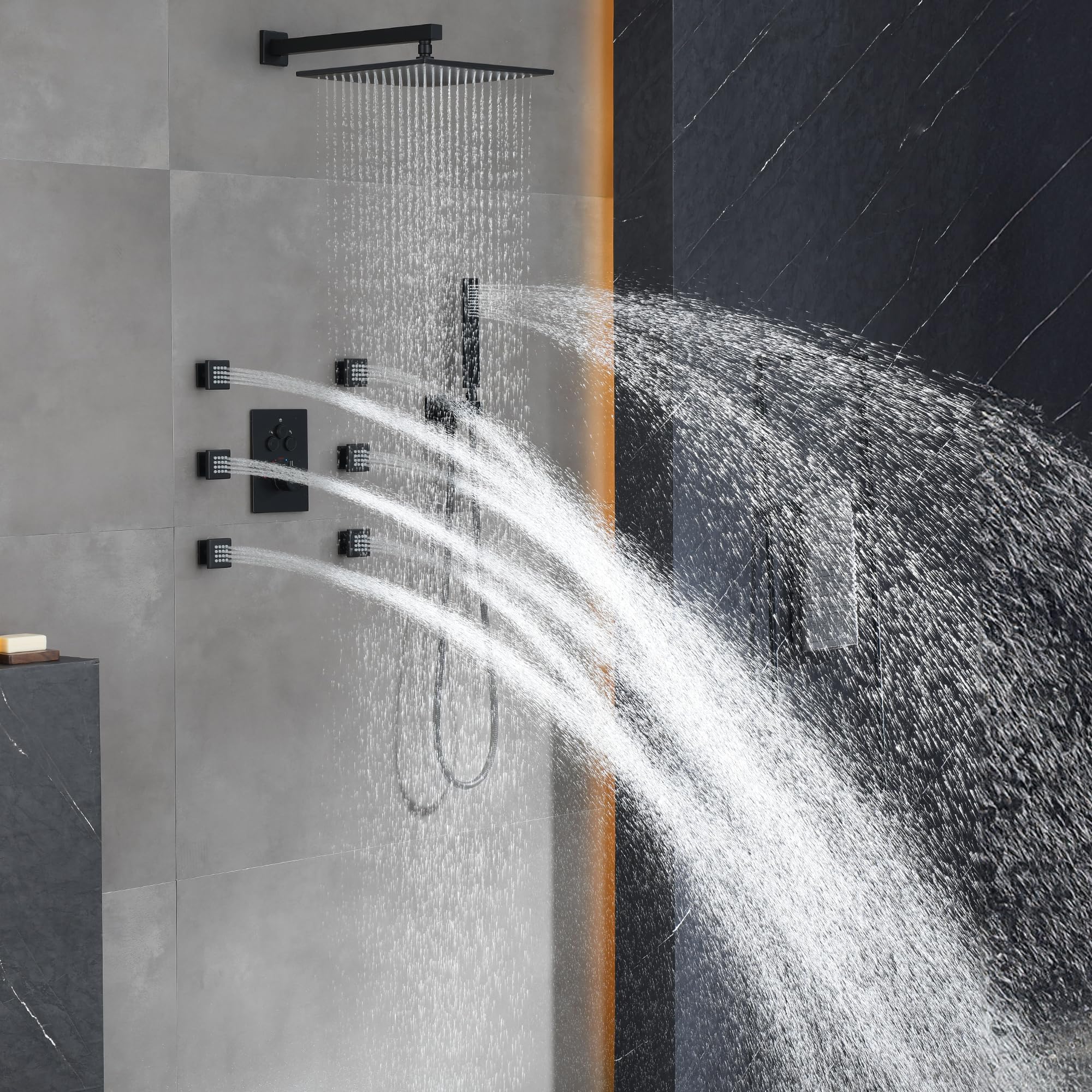 Luxury Thermostatic Rain Shower System with 6 Body Shower Jets & 12-Inch Shower Head, Matte Black Wall Mount Shower Faucet Set Complete with Push Button Thermostatic Valve & Shower Handheld…