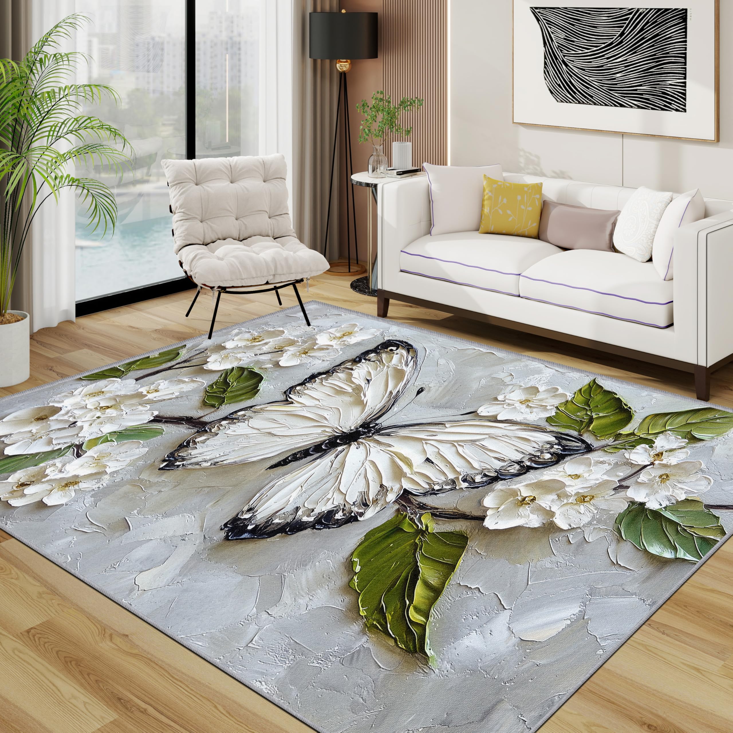 Butterfly Area Rugs for Living Room 100x150 - White 3D Flower Rug for Bedroom, Insect Floral Artistic Non Slip Washable Short Pile Carpet, Butterfly Room Decor