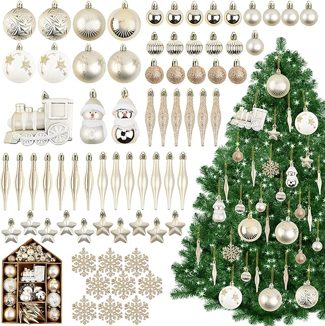 70Pcs Christmas Baubles Decoration, Homgaty Gold Christmas Tree Balls House Shape Assorted Shatterproof Christmas Ornaments Hanging Ball Set with Reusable Hand-held Gift for Xmas Tree Decors