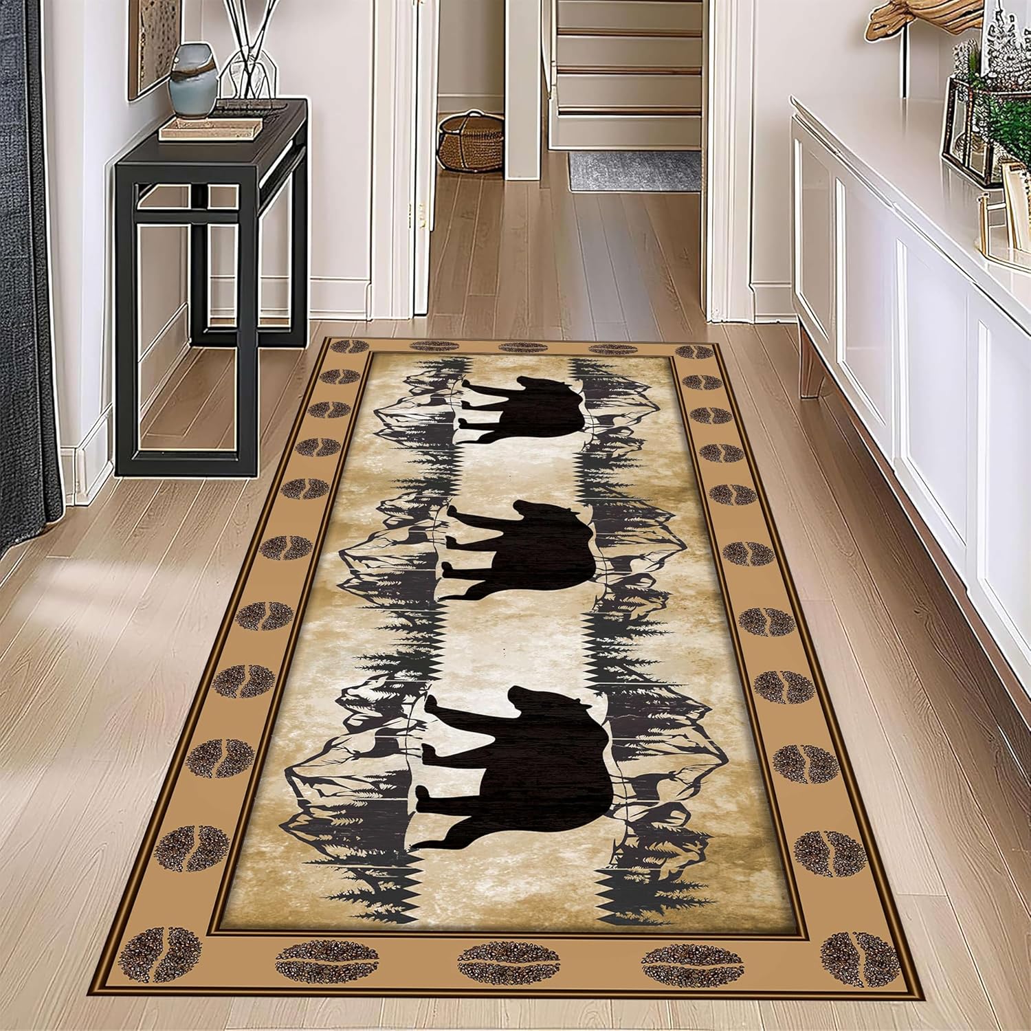 Rustic Lodge Wildlife Runner Rug - Lodge Style Living Room Entry Rug, Snowy Mountain Pines Background, Western Rustic Wildlife Bear Elk Floor Rug, Non-Slip Bedroom Entry Rugs, 2x6ft