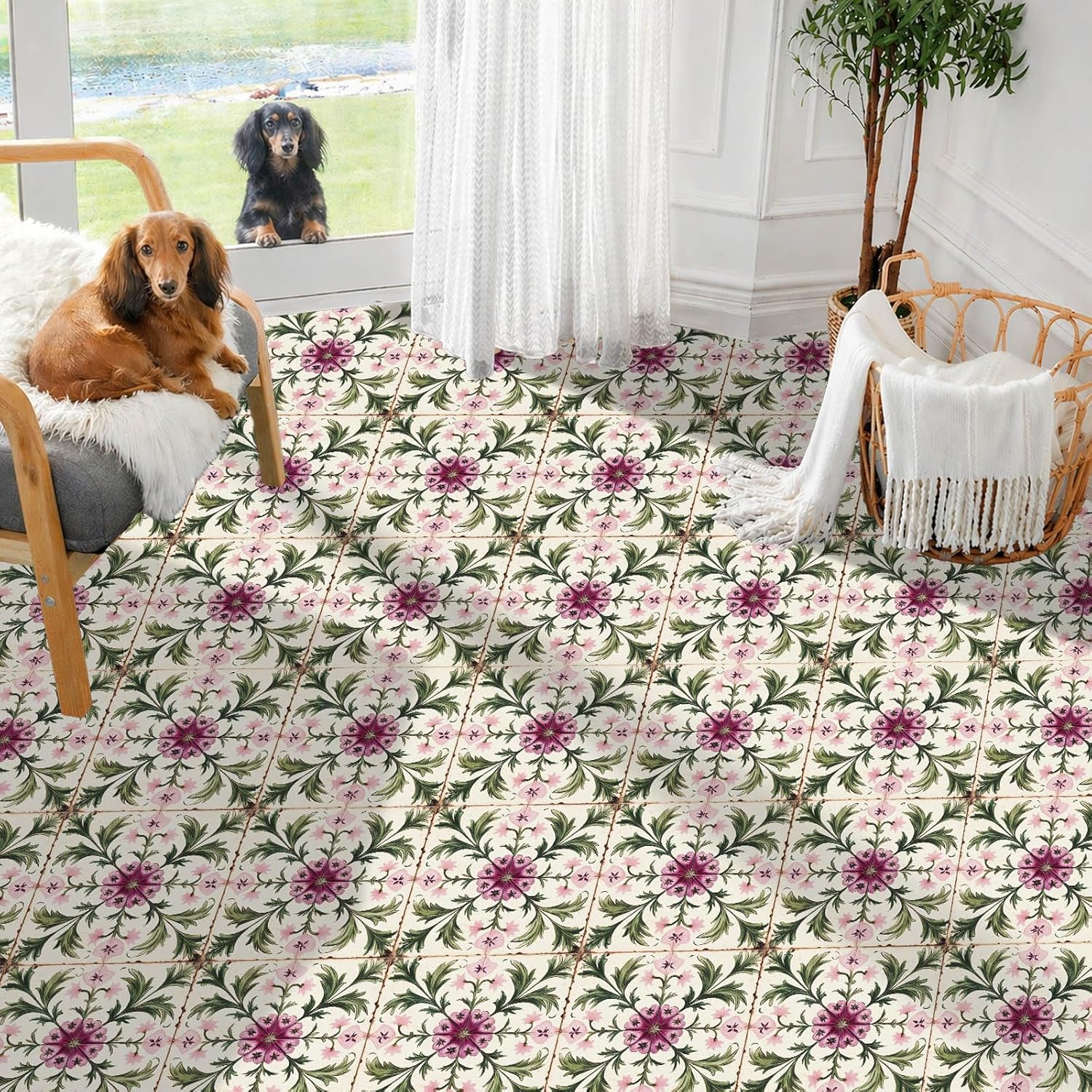 IVN 10PCS 12x12 Inch Vintage Peony Vine Pattern Peel and Stick Floor Tiles for Living Room Bedroom Bathroom Entryway Reading Nook Decor