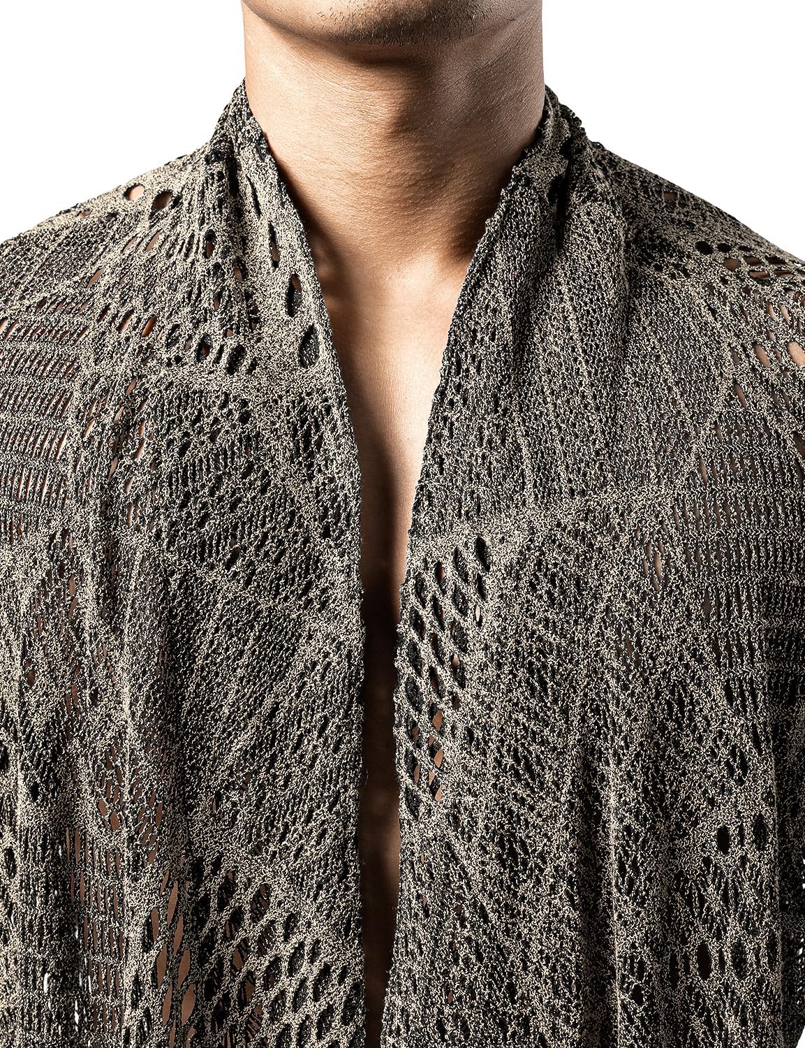 JOGAL Mens Mesh Fishnet See Through Cardigan Ruffle Shawl Collar Open Front Top - Image 5