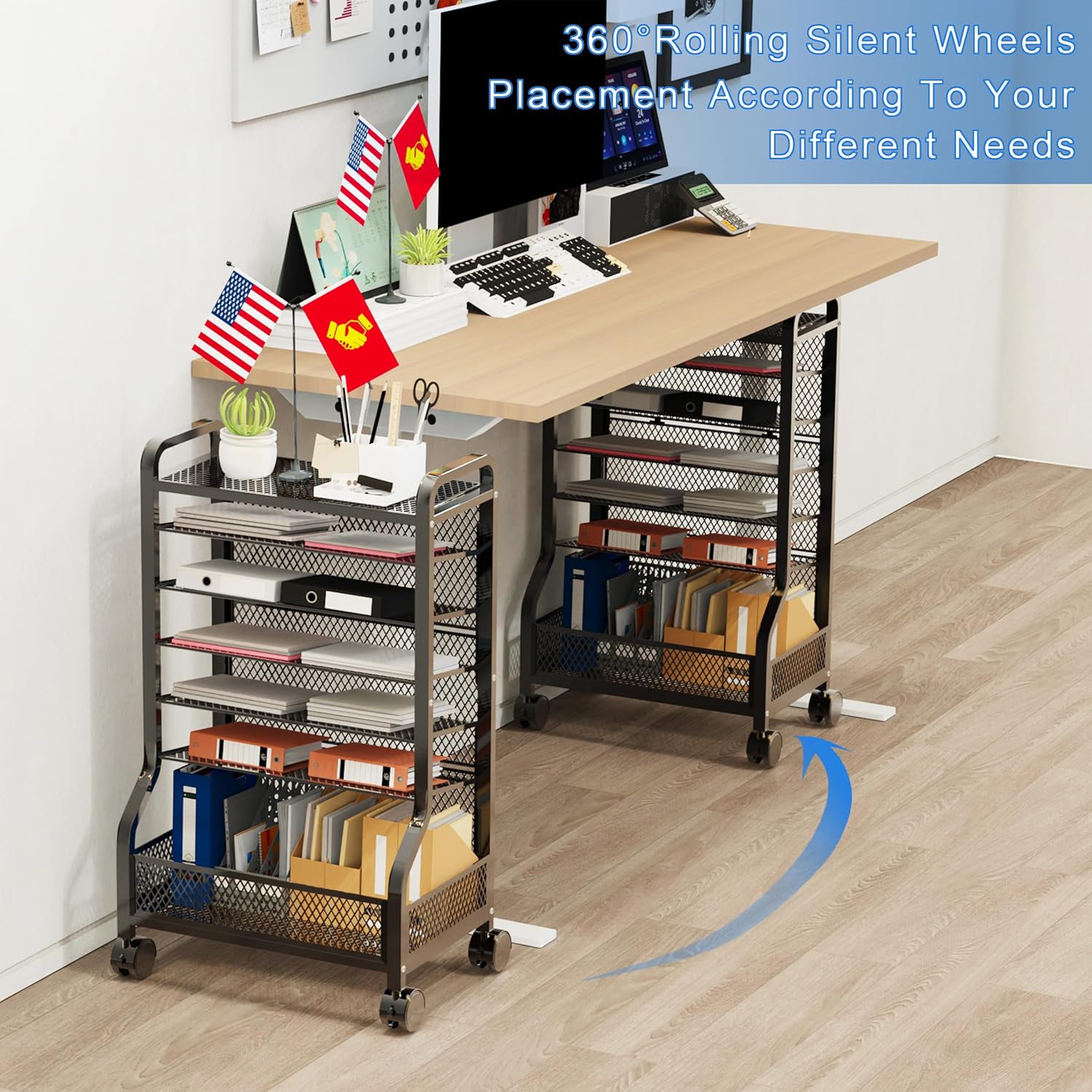 Teacher Rolling Cart Storage Organizer File Folder Rolling File Cart Under Desk 7-Tier Standing File Organizer on Wheels Mesh Paper Letter Sliding Trays for Home Office Study