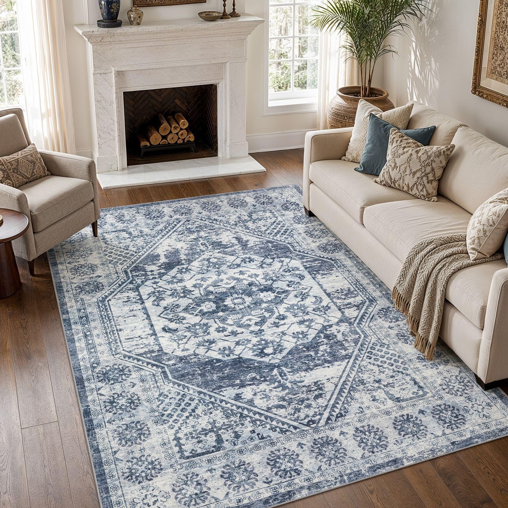 cotiled 5x7 Area Rug for Living Room, Washable, Traditional, Distressed Blue โ image 1