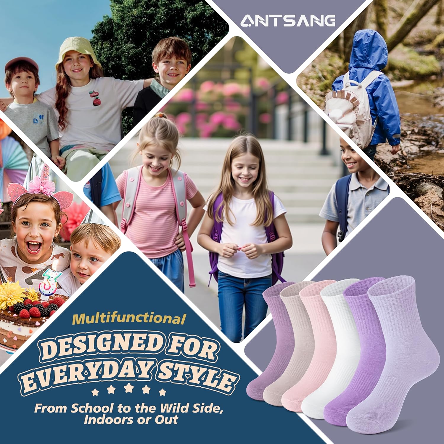 ANTSANG Kids School Athletic Sports Cotton Socks, Breathable Soft Crew Socks for Teen Girls Boys, 6 Pairs - Image 7