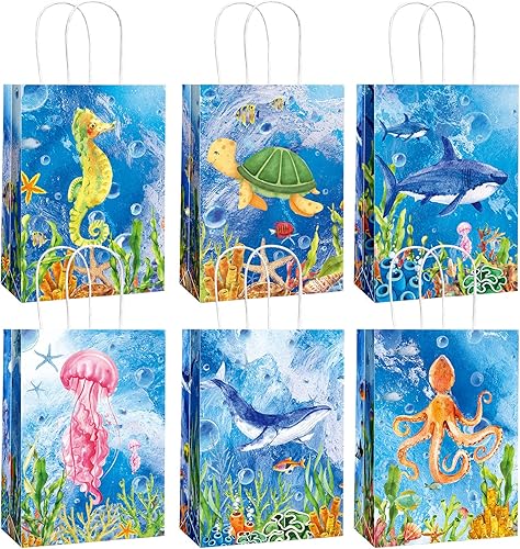Outus 24 bolsas de regalo de fiesta de animales marinos, papel de regalo con asa colorido tema oceánico submarino, golosinas, recuerdos de fiesta