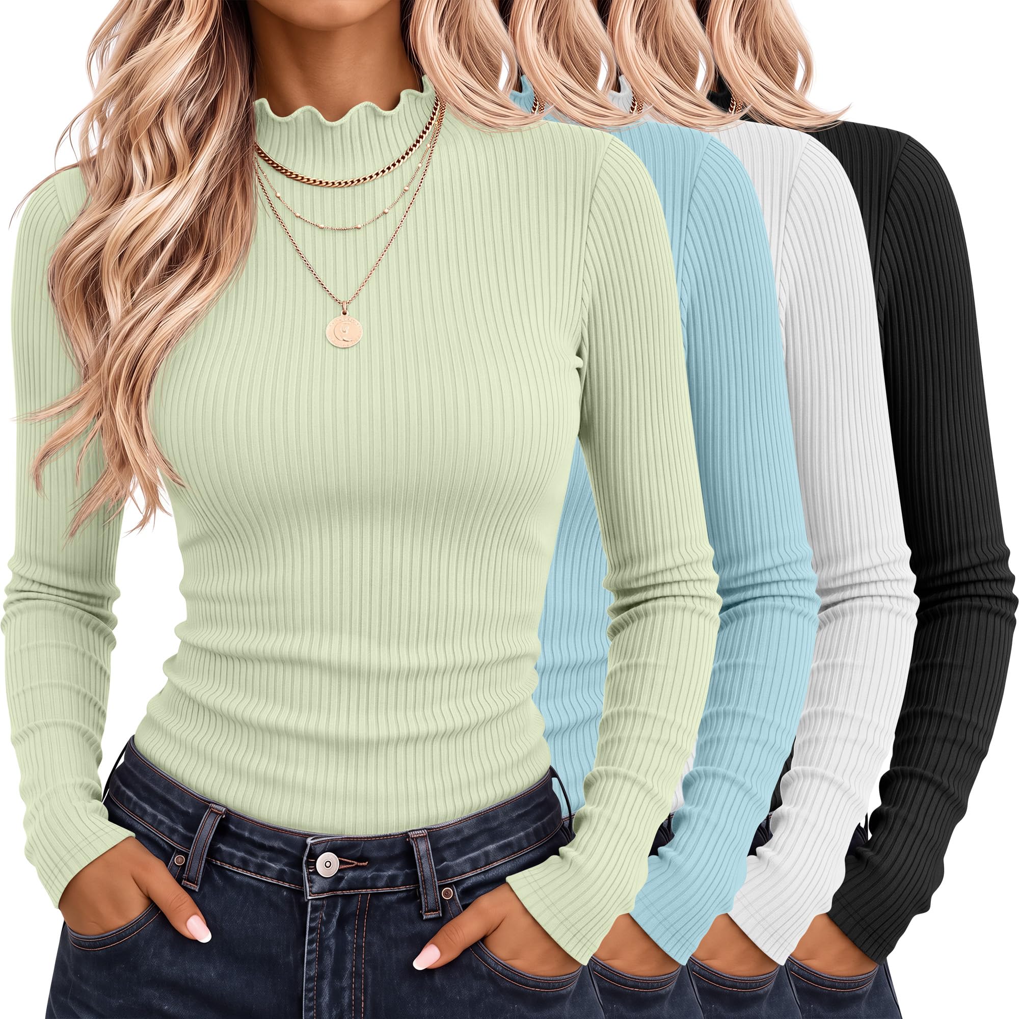 Riyiper 4 Pack Womens Cotton Mockneck Ribbed Long Sleeve Tops