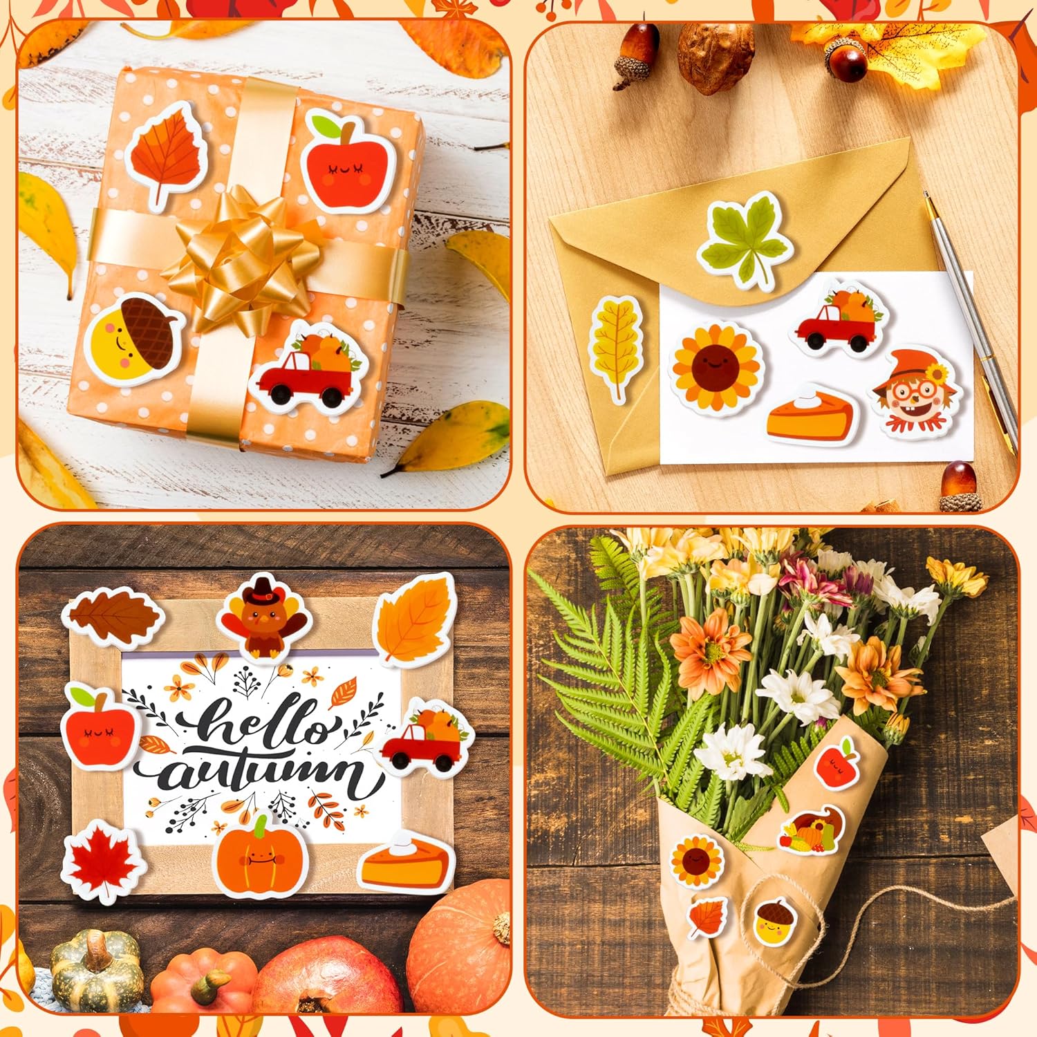 Fall Thanksgiving Foam Stickers - BWkoss 300Pcs Fall Maple Leaf Stickers Bulk Self-Adhesive Autumn Thanksgiving Turkey Pumpkin Foam Sticker for DIY Gift Cards Craft Box Party Scrapbooking Decorations