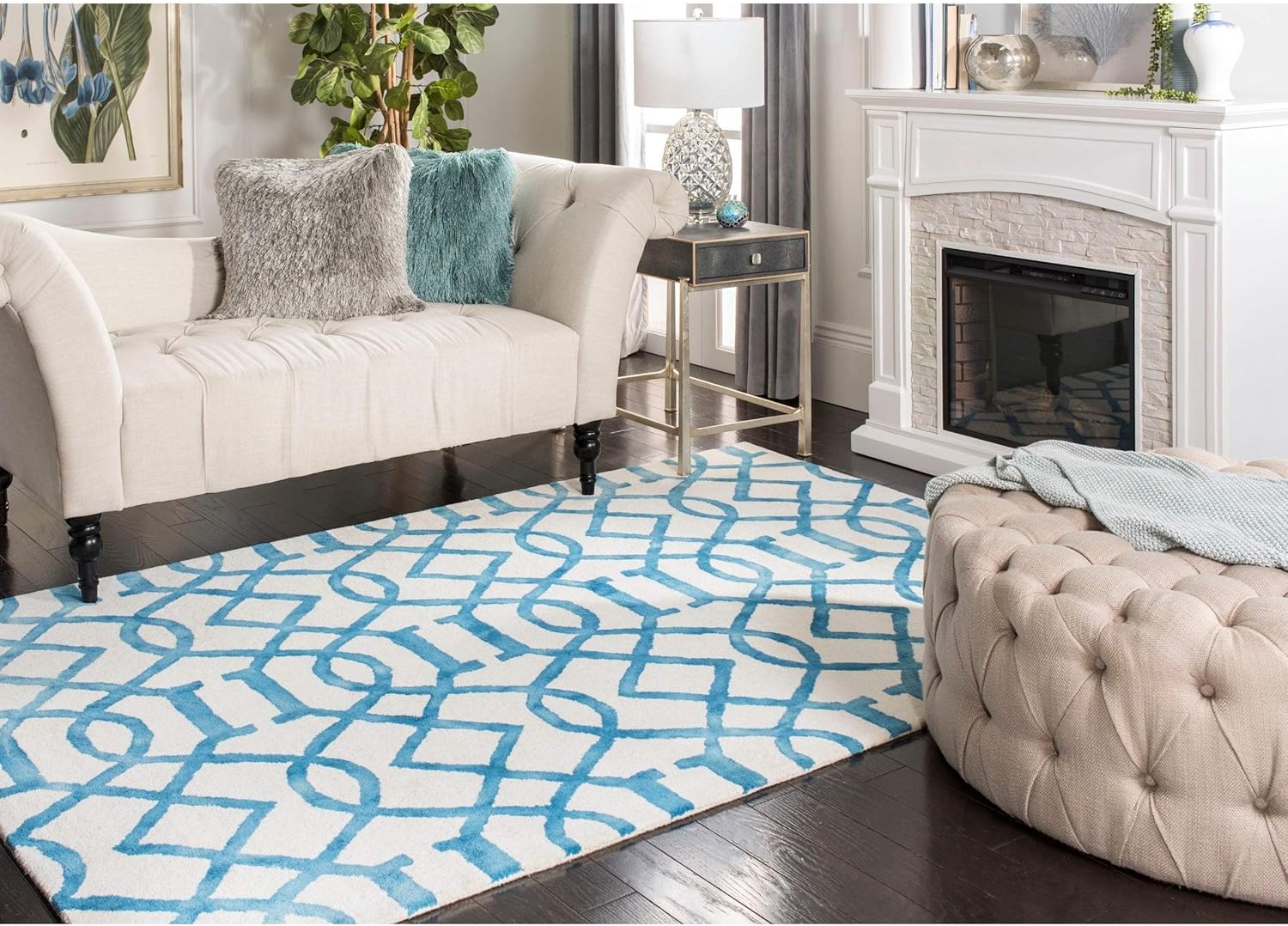 Ivory and Turquoise Hand-Tufted Wool Rectangular Rug 3' x 5'