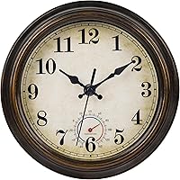 8 Inch Waterproof Outdoor Wall Clock with Thermometer - Vintage Rustic Bronze for Patio, Pool, Garden, Bathroom