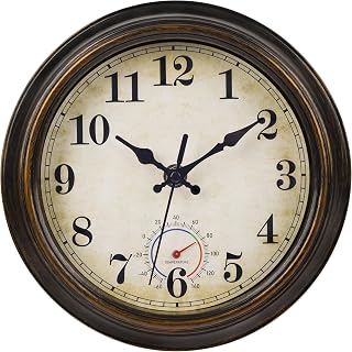 8 Inch Waterproof Outdoor Wall Clock with Thermometer - Vintage Rustic Bronze for Patio, Pool, Garden, Bathroom