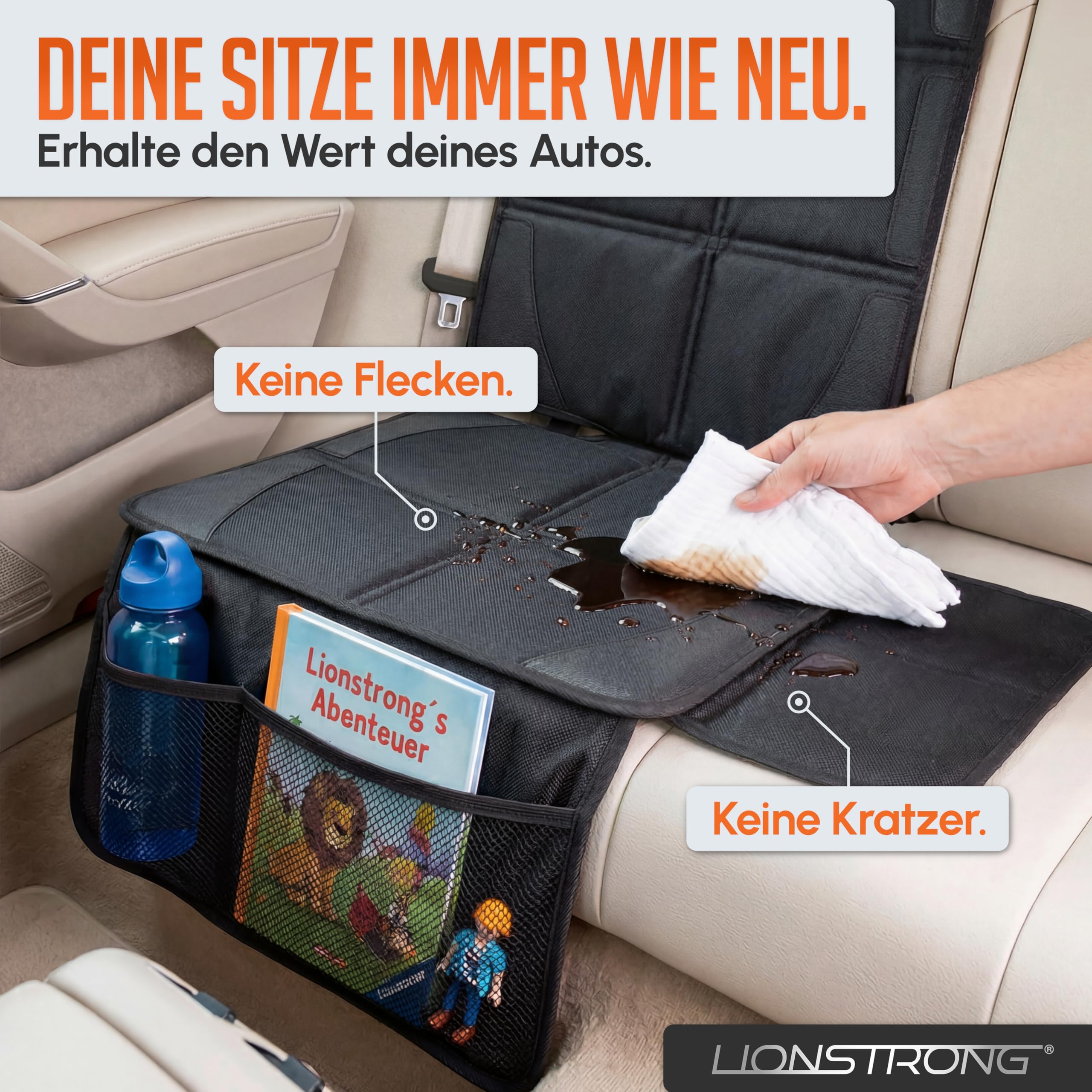 LIONSTRONG® Kindersitzunterlage Autositzschoner [ISOFIX GEEIGNET] - wasserabweisender Polyester Stoff schwarz - Sitzschutz Sitzschoner Auto Kindersitz - universell kompatibel (Schwarz)