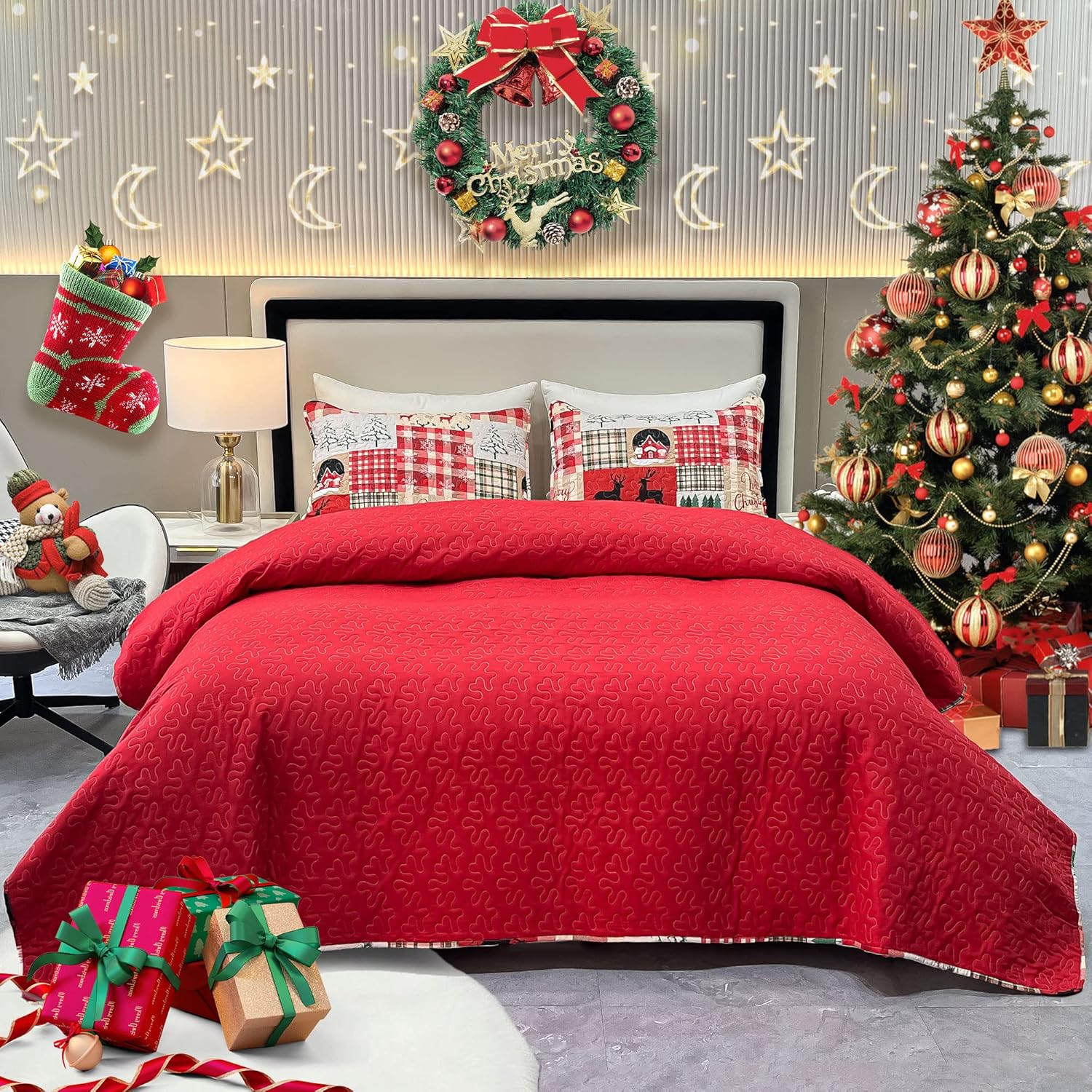 King Size Christmas Quilt Set Red Xmas Tree Snowflake Reindeer Lodge Cabin Quilted Patchwork Bedspread Coverlet 2-Piece Reversible Rustic Lightweight Christmas Comforter Bedding Set Bed Cover Blanket