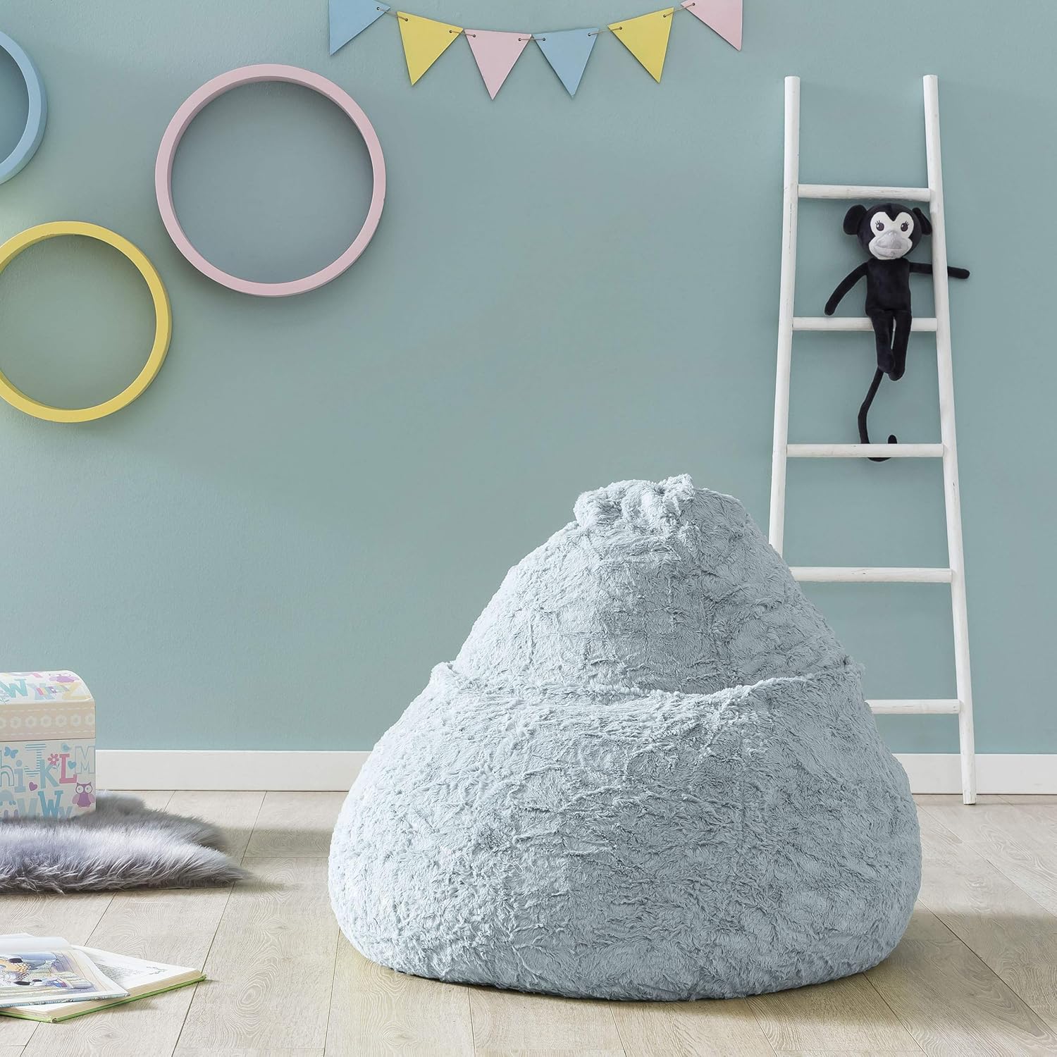 Pouf enfant Velours Turquoise toucher peau de pêche