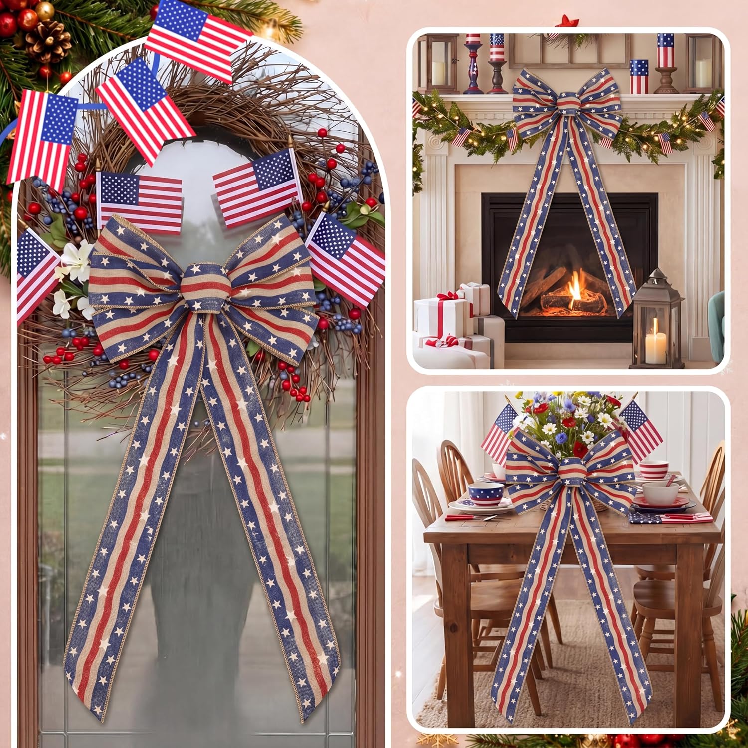 Gejoy 47" x 16" Vintage 4th of July Patriotic Bow Tree Topper Independence Day 250th Anniversary Red White and Blue Stripe Stars Tree Topper Bows for Veteran's Day Front Door Indoor Outdoor Decor