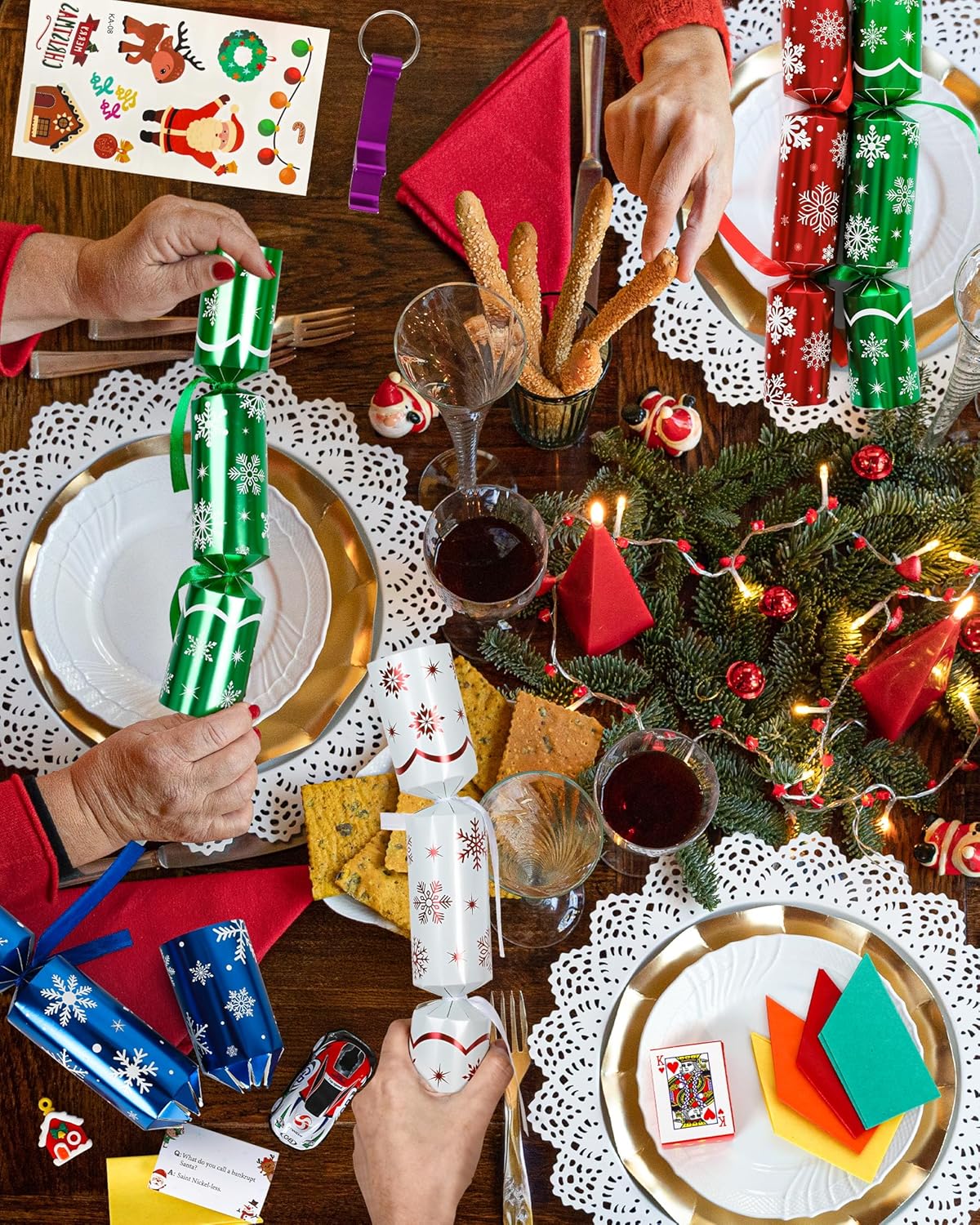 Melisheer Christmas Crackers, 12 Pack No Snap Christmas Party Favors with Snowflake Design, Xmas Poppers with Crown and Joke, Perfect for Christmas Gifts Xmas Table Holiday Party Supplies