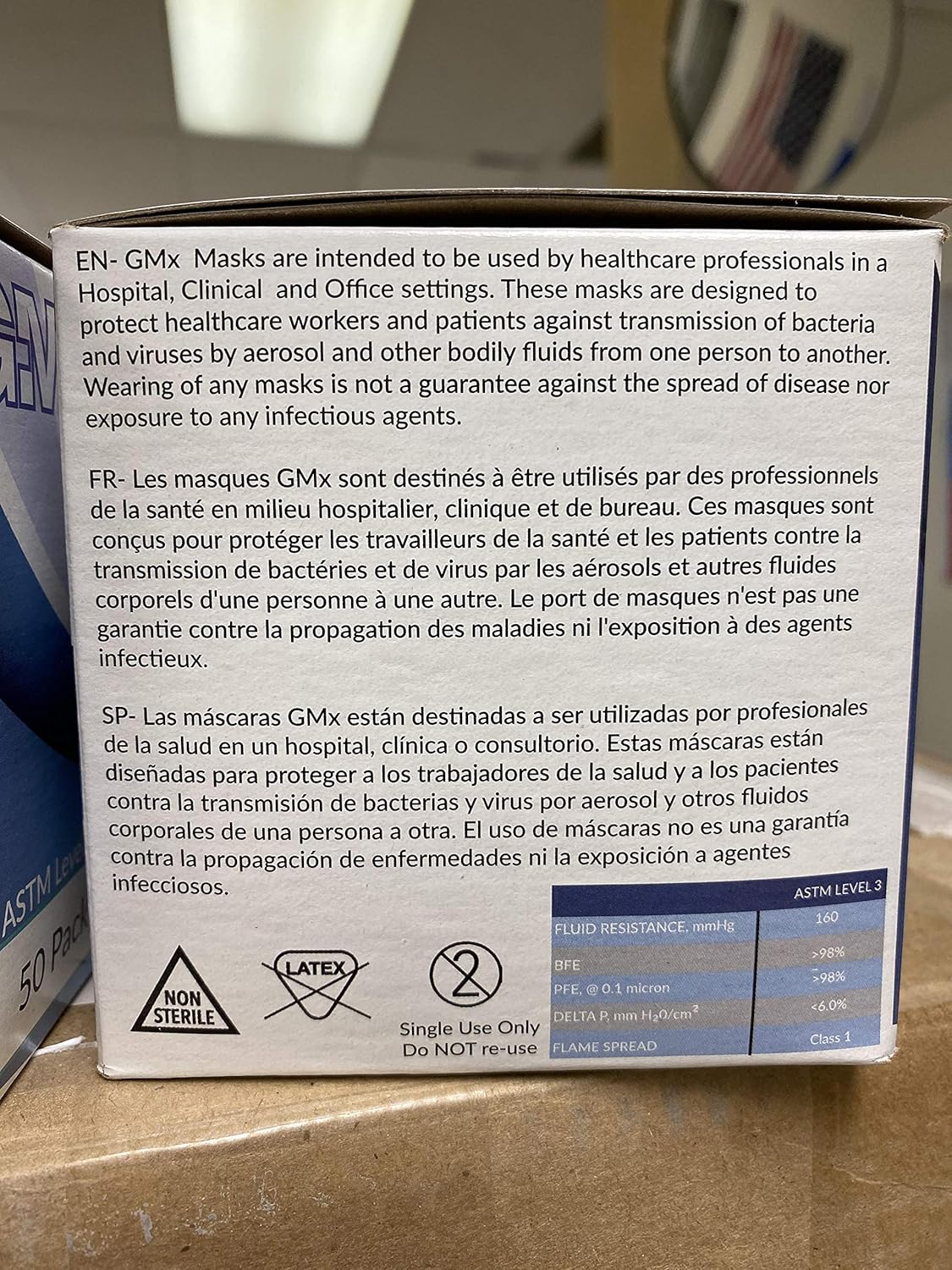 GMX Earloop ASTM Level 3 Lightweight Breathable Medical Mask, Made in USA, Fluid Resistant, Latex Free Blue Face Mask Bx/50 : Industrial & Scientific