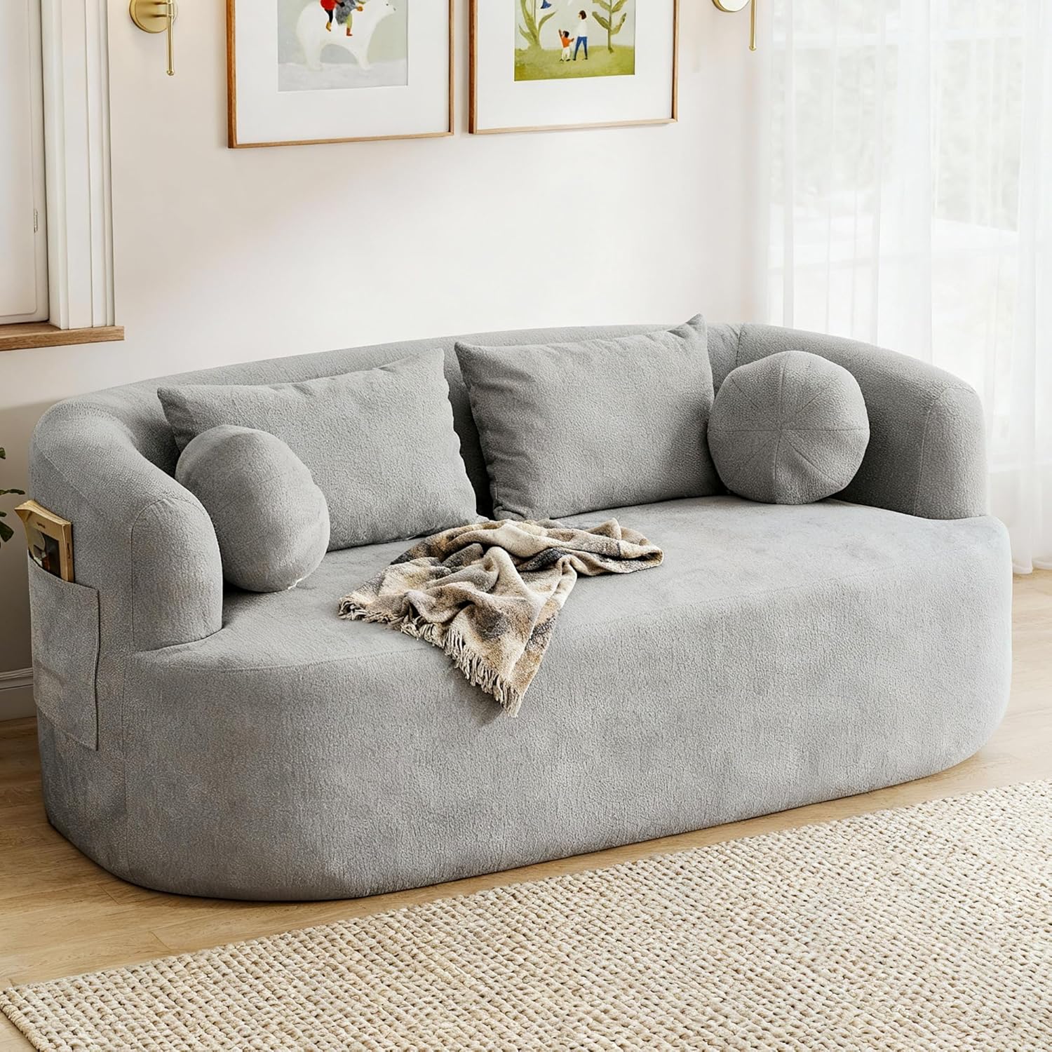 Loveseat Sofa, 67.3" Boneless Curved Sofa Filling with Foam and Spring, Chenille Small Love Seat for Small Spaces, 4 Pillows and Side Pocket, Living Room, Apartment, Bedroom, No Assembly