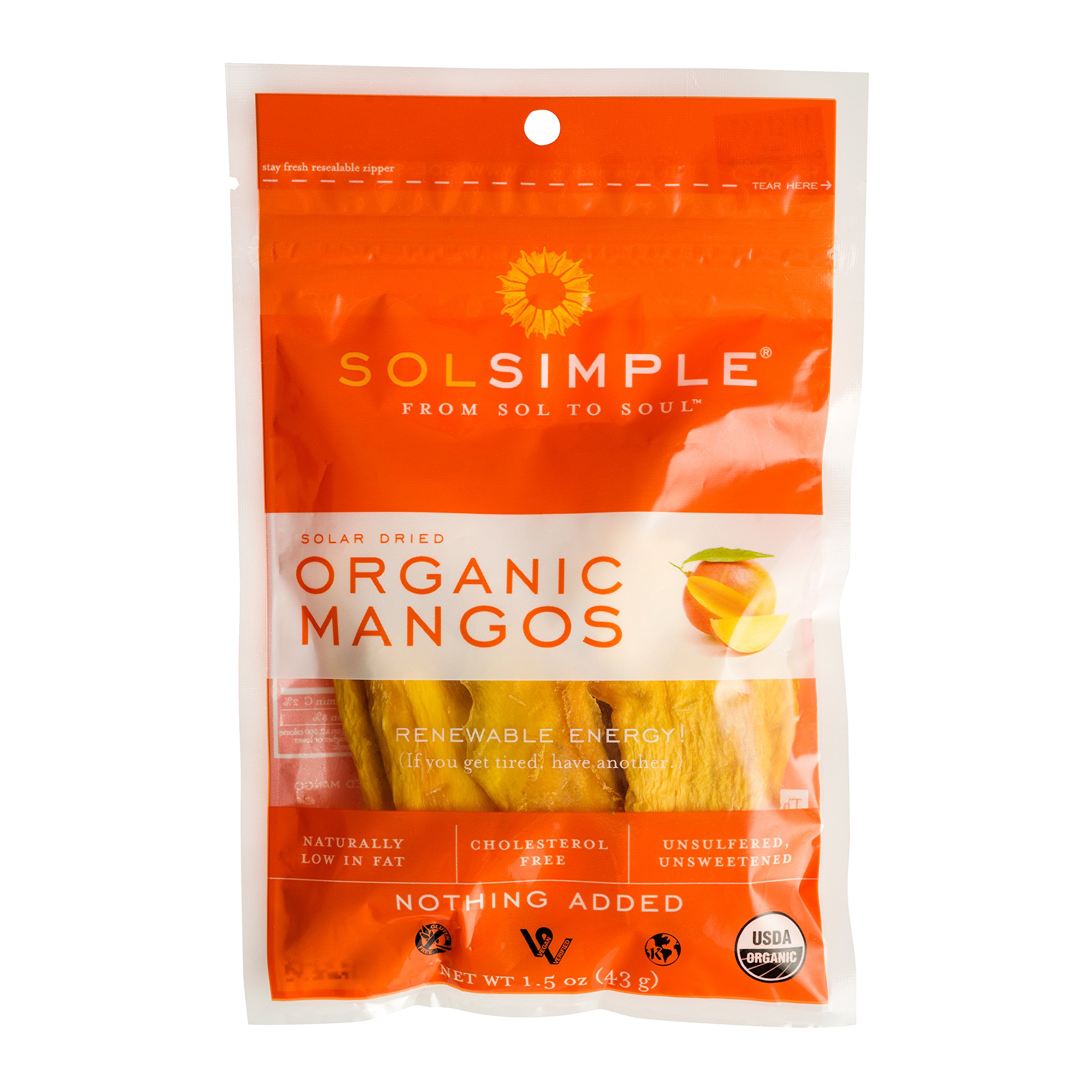 Sol Simple Solar Dried Mango Snack, Gluten & Preservative Free, No Sugar Added, USDA Organic, Non-GMO, Vegan & Kosher, Ethical Trade From Nicaraguan Smallholder Farmers, 1.5oz, Pack of 8