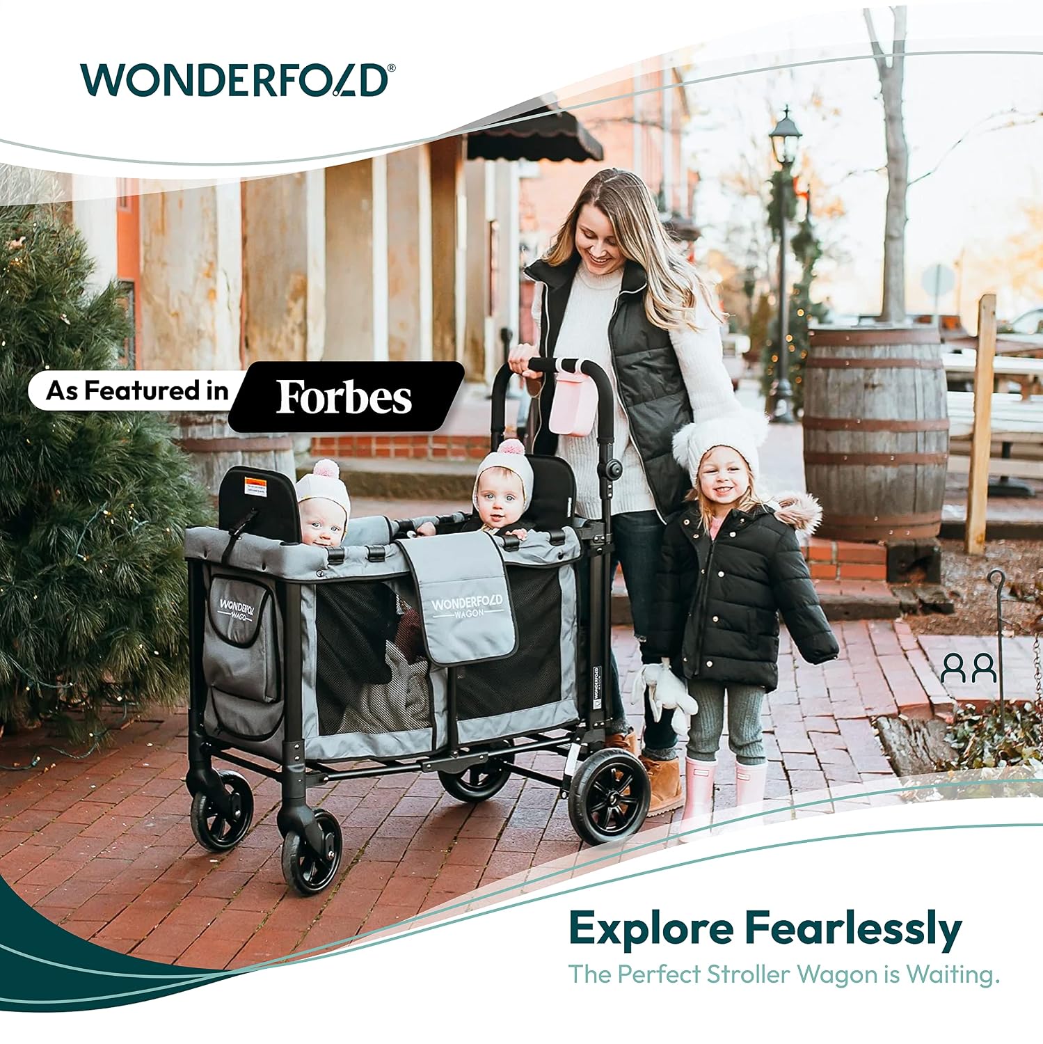 WONDERFOLD W2 Original Double Stroller Wagon Featuring 2 High Face-to-Face Seats with 5-Point Harnesses, Easy-Access Front Zipper Door, and Removable UV-Protection Canopy, Charcoal Gray (Original)