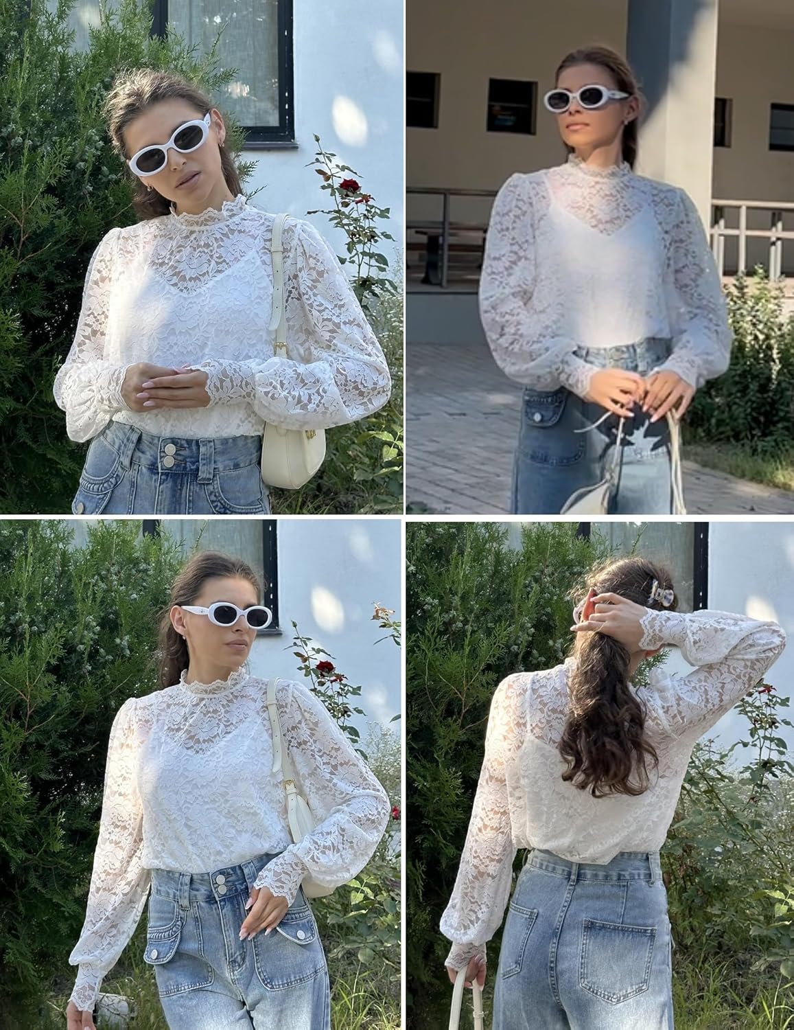 Zeagoo Women Lace Tops Long Sleeves Mock Neck Casual Dressy Tops with Separable Camisole Sexy Blouses Shirts 2 PCS Set - Image 4