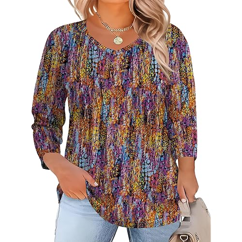 Romanstii Plus Size Tops for Women Womens 2026 Spring 3/4 Sleeve Blouses Dressy Casual V-Neck T-Shirts Pleated Tunic XL-5XL
